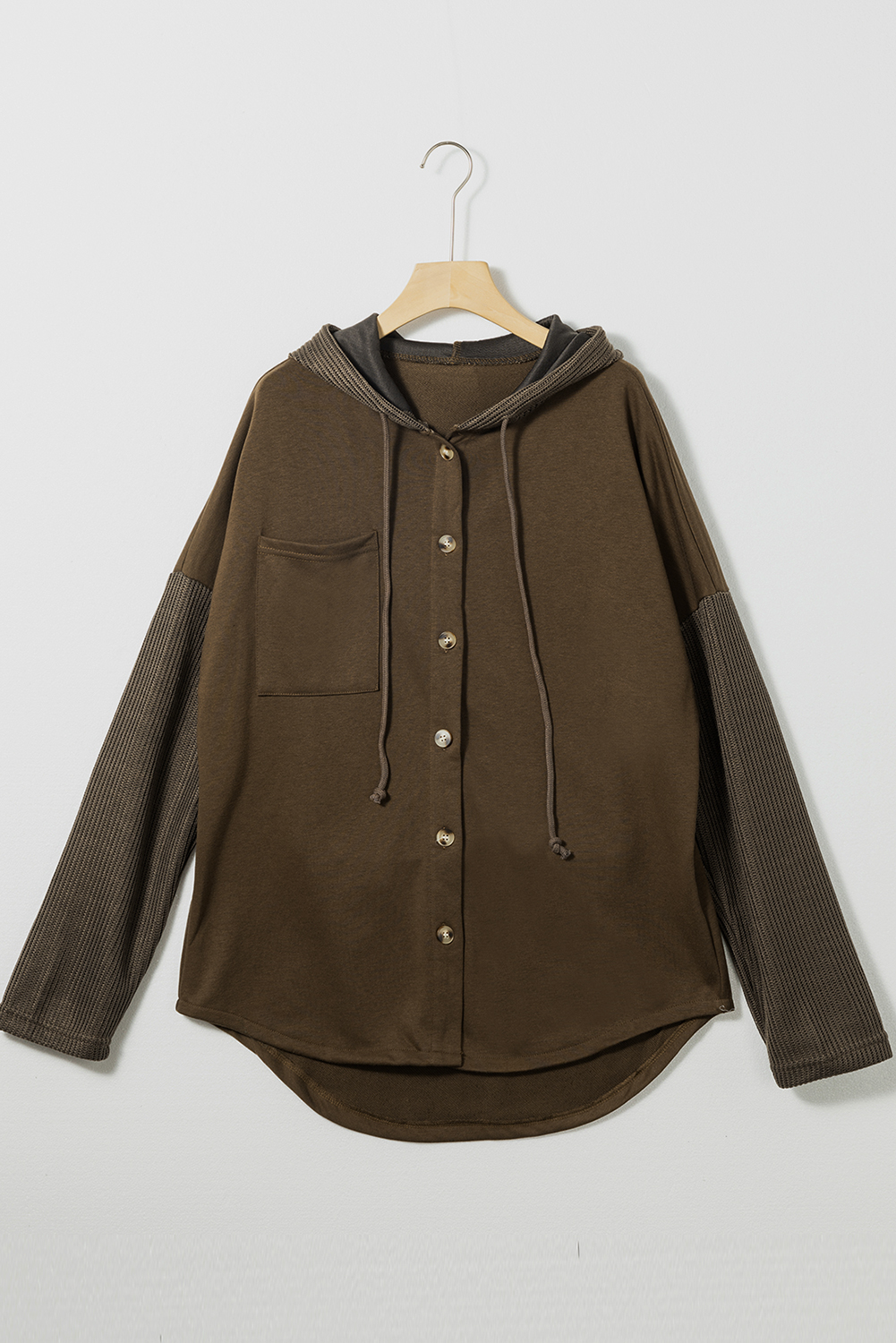 Dark Brown Button Up Contrast Knitted Sleeves Hooded Jacket - loveforevers