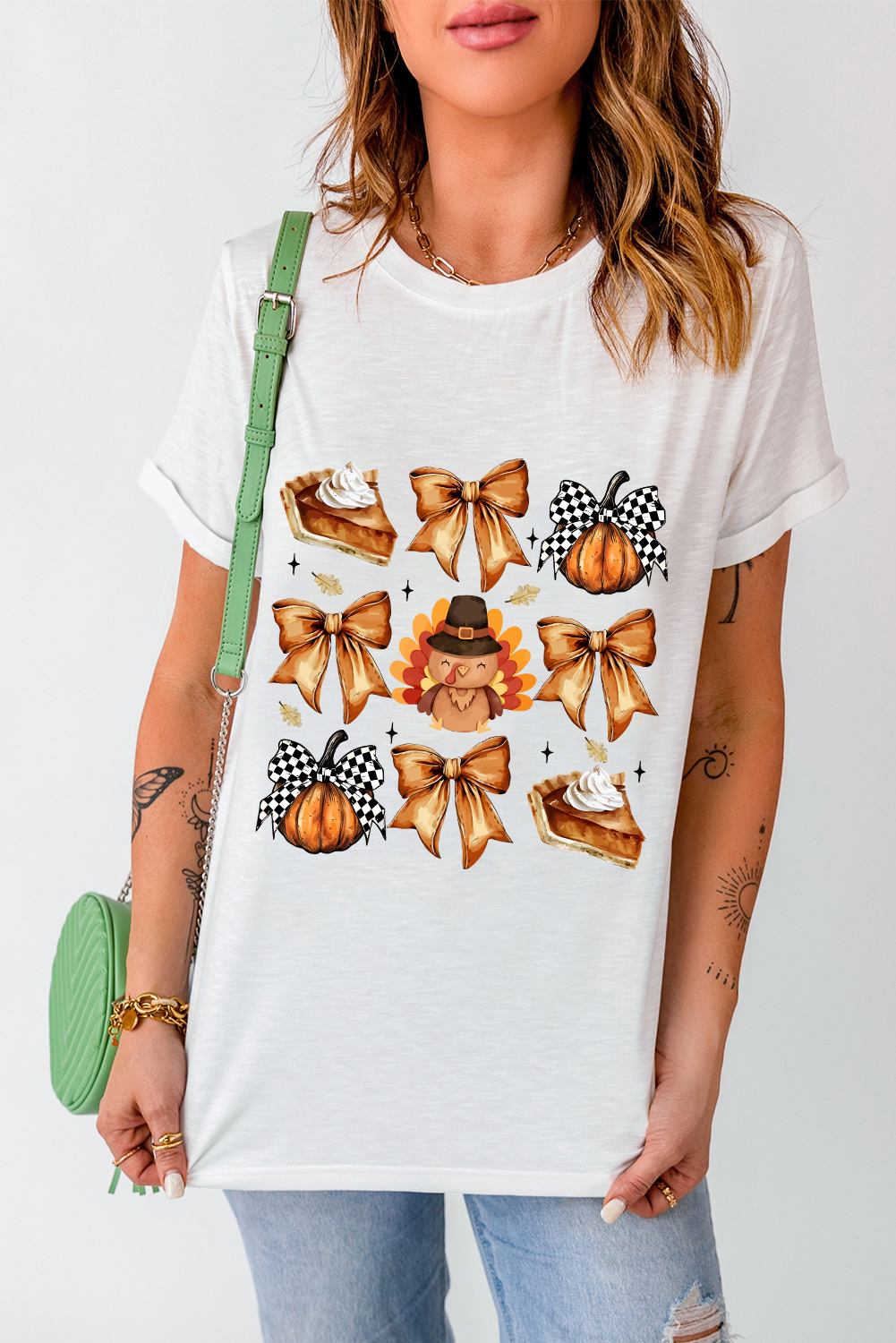 White Cute Bowknot Tanksgiving Graphic Crewneck T Shirt - loveforevers
