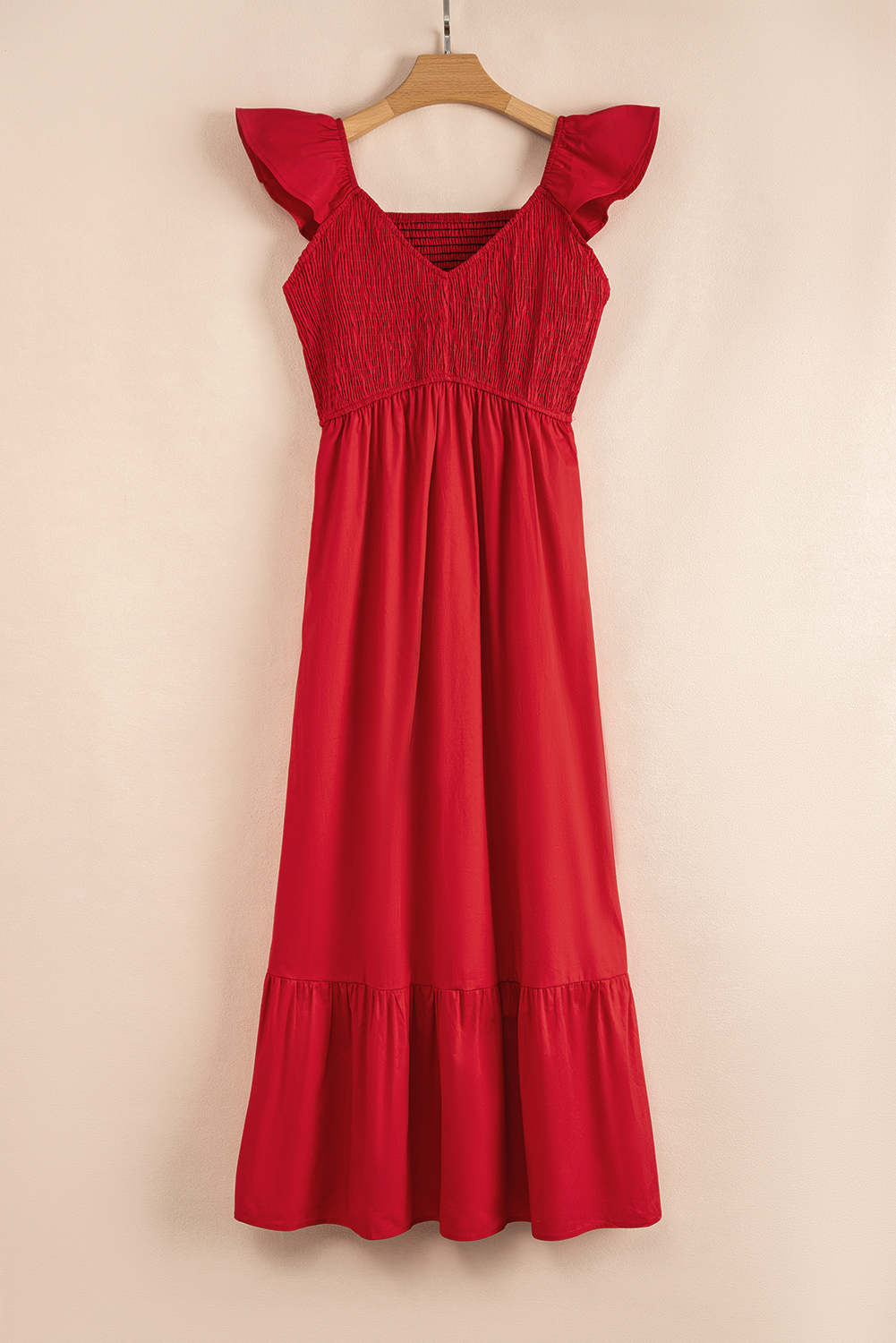 Black V Neck Flutter Sleeve Smocked Bodice High Waist Ruffle Maxi Dress - loveforevers