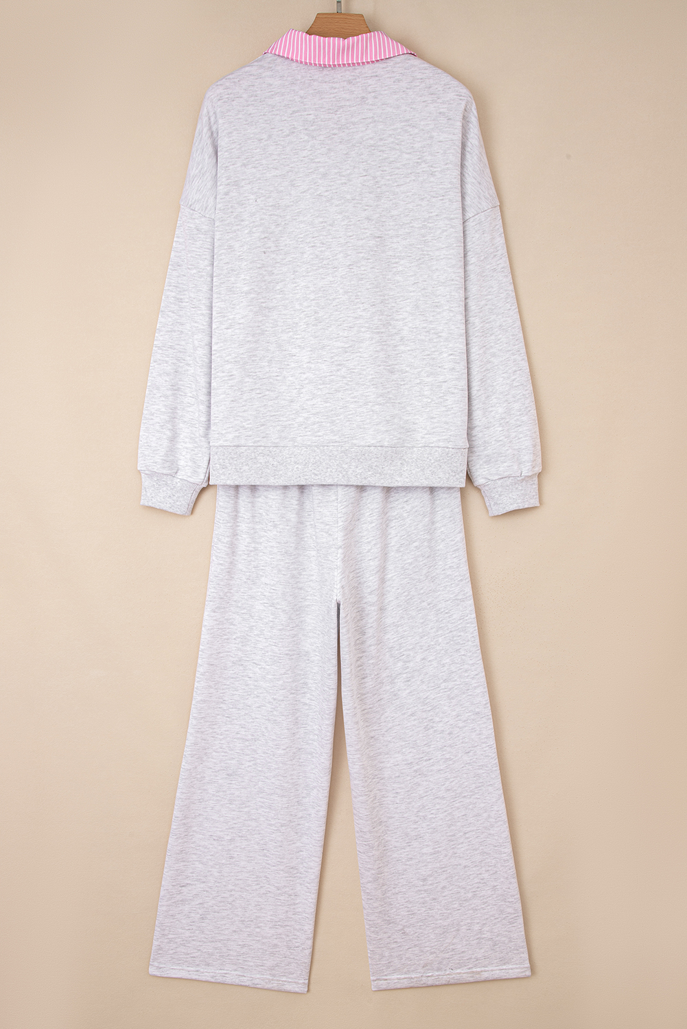 Light Grey 2pcs Contrasted Trim Frilled Collar Drop Shoulder Pullover Drawstring Pant Set - loveforevers