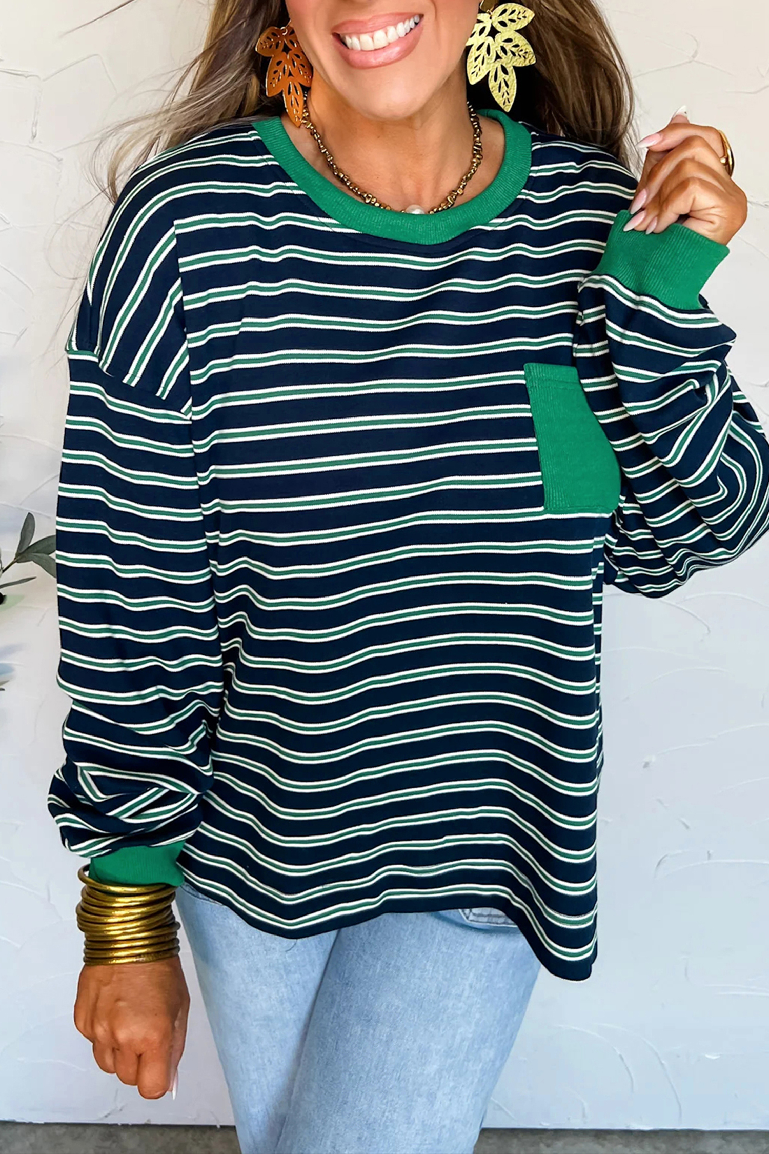 Green Stripe Ribbed Color Block Patchwork Crew Neck Patch Pocket Long Sleeve Top - loveforevers