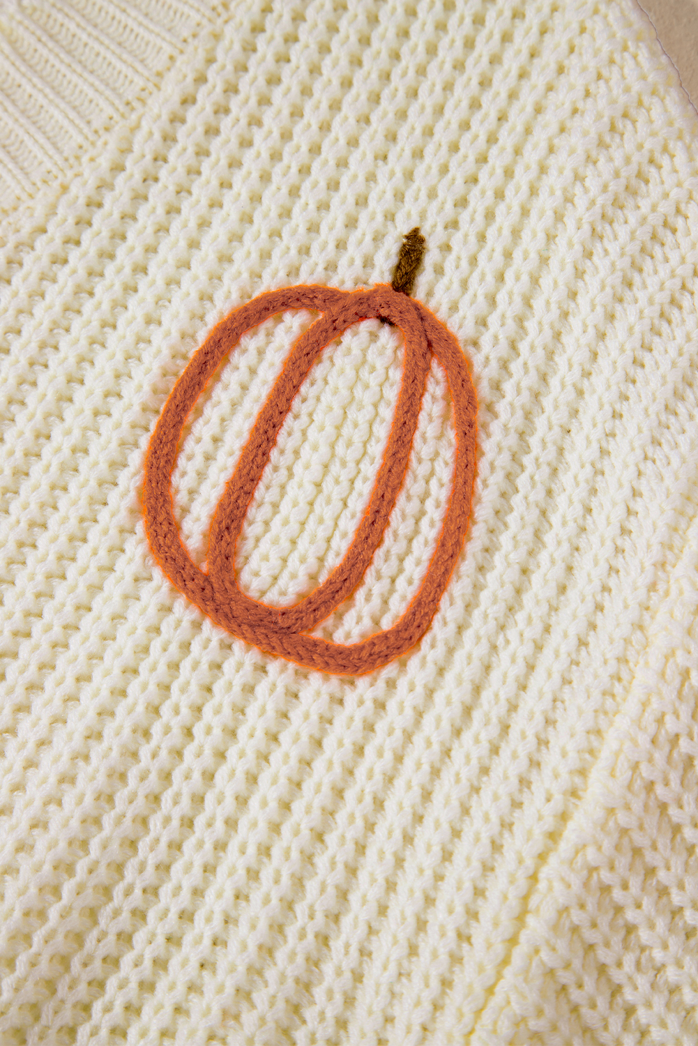 Beige Cable Knit Pumpkin Raw Hem V Neck Loose Sweater - loveforevers