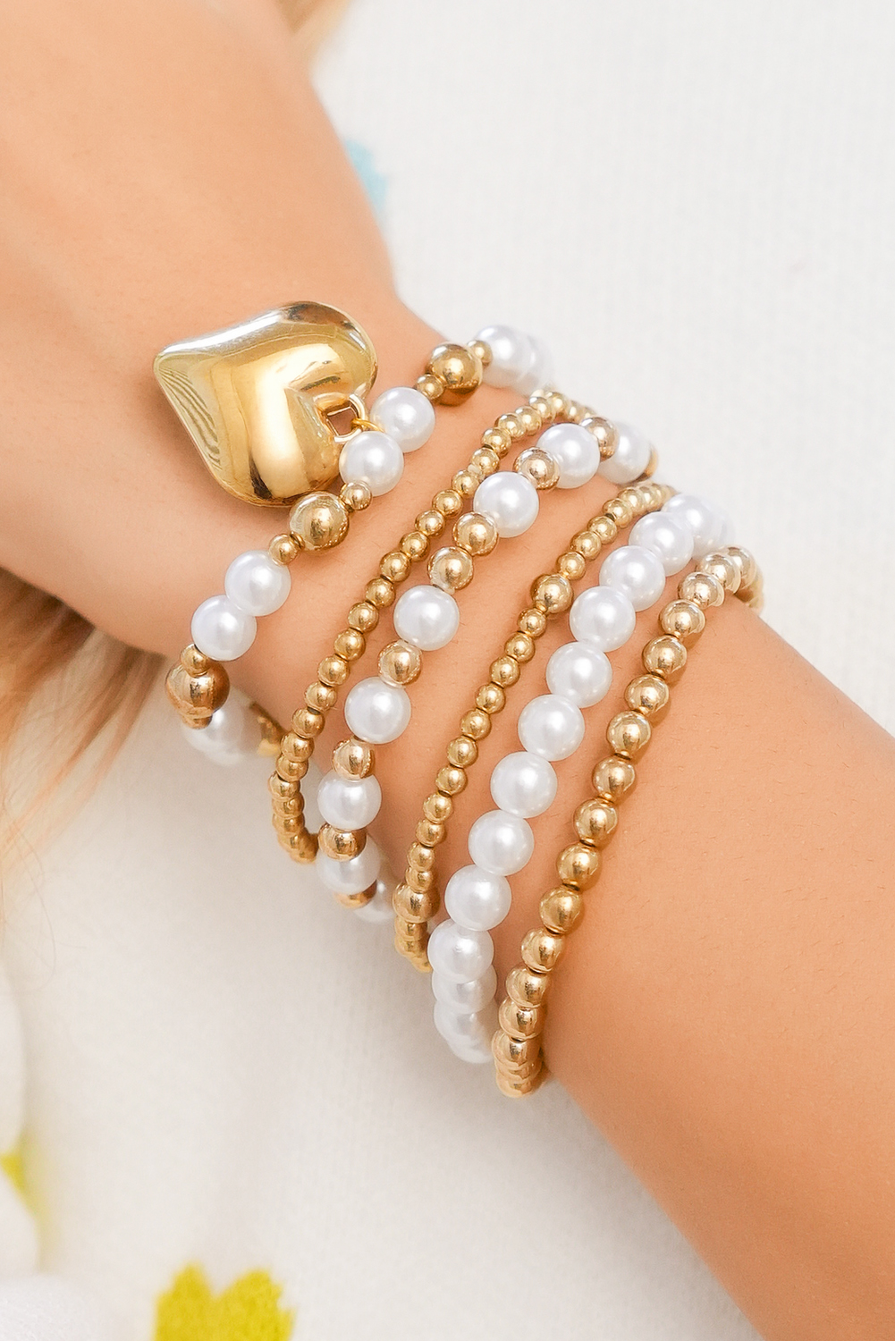 Gold Plated Heart Charm Pearl Beading Multilayer Bracelet - loveforevers