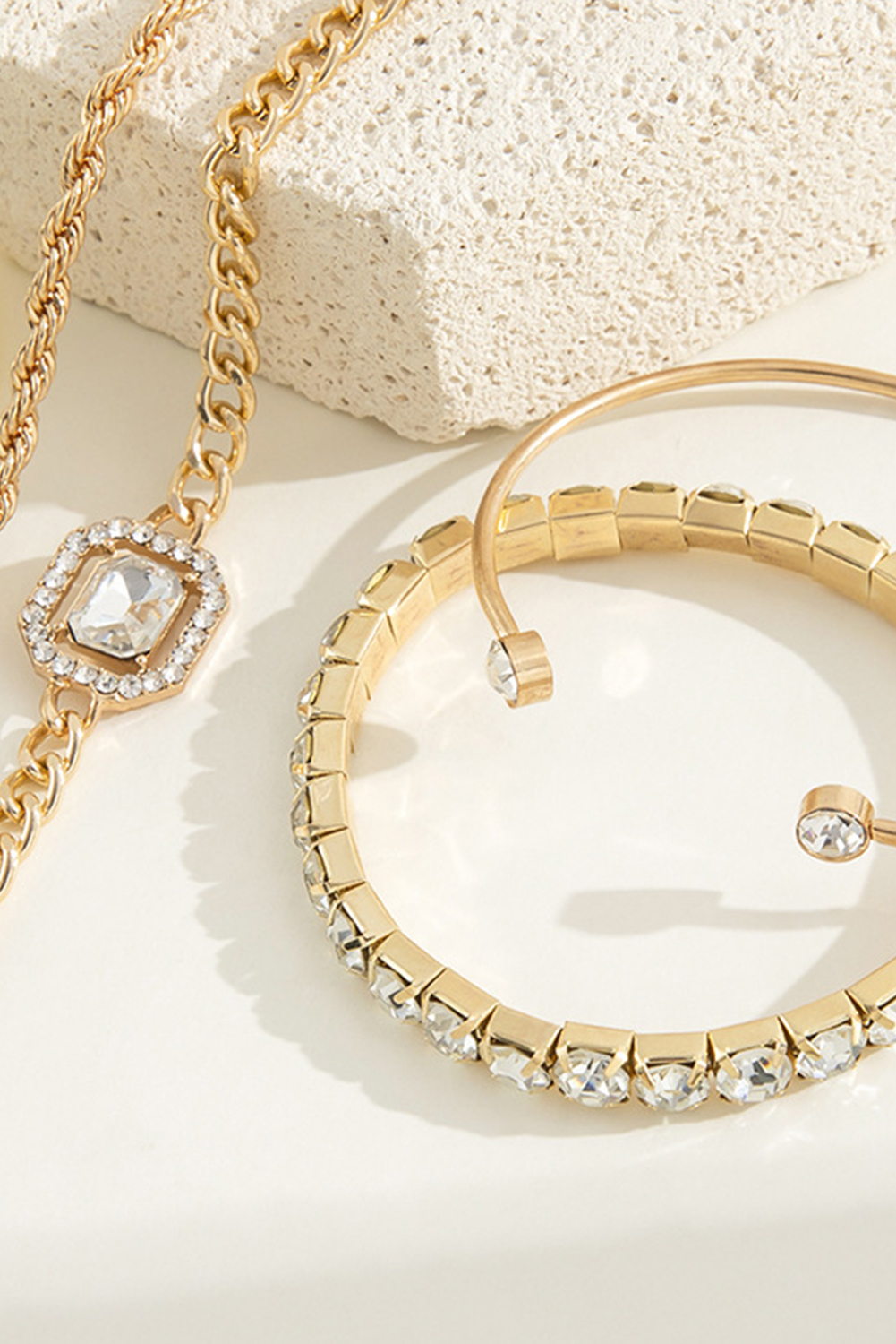 Gold 4pcs Diamond Chained Braided Bangle Bracelet Set - loveforevers