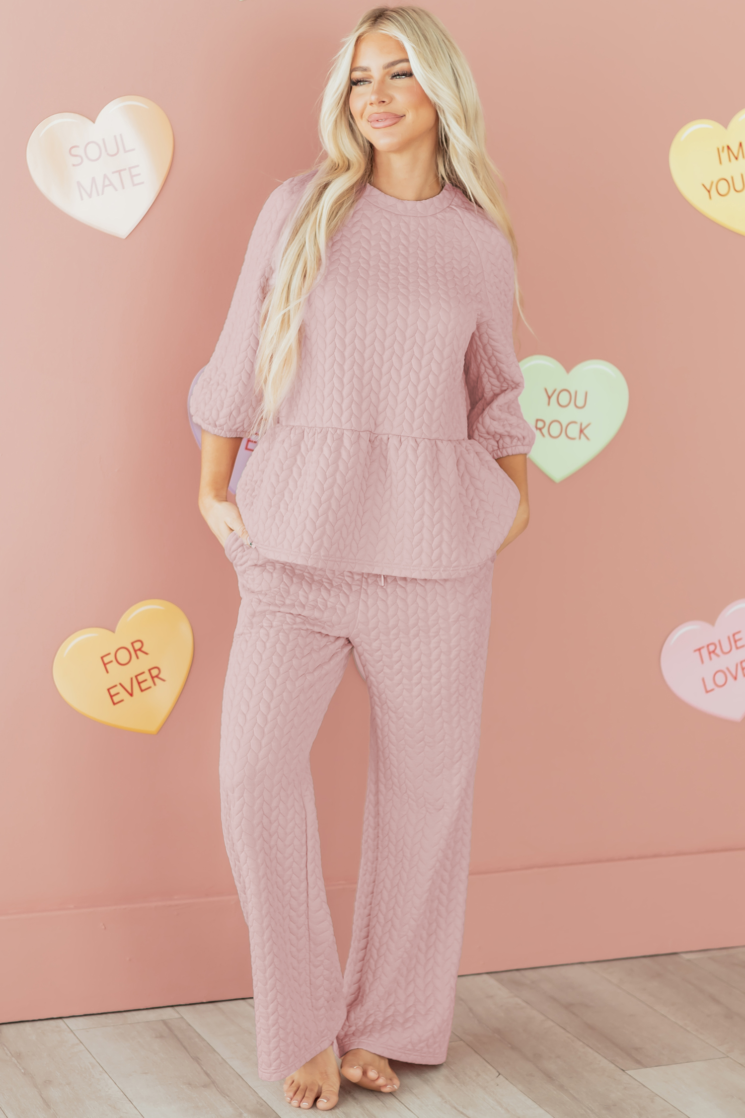 Delicacy Braided Texture Ruffle Hem Top Drawstring Loose Pants Set - loveforevers