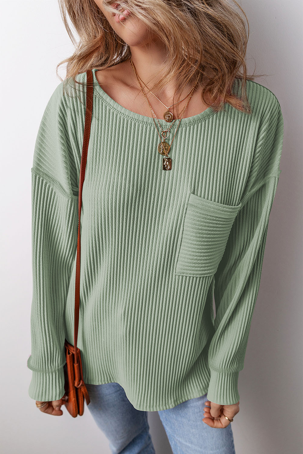 Clearly Aqua Solid Color Corded Drop Shoulder Long Sleeve Top - loveforevers