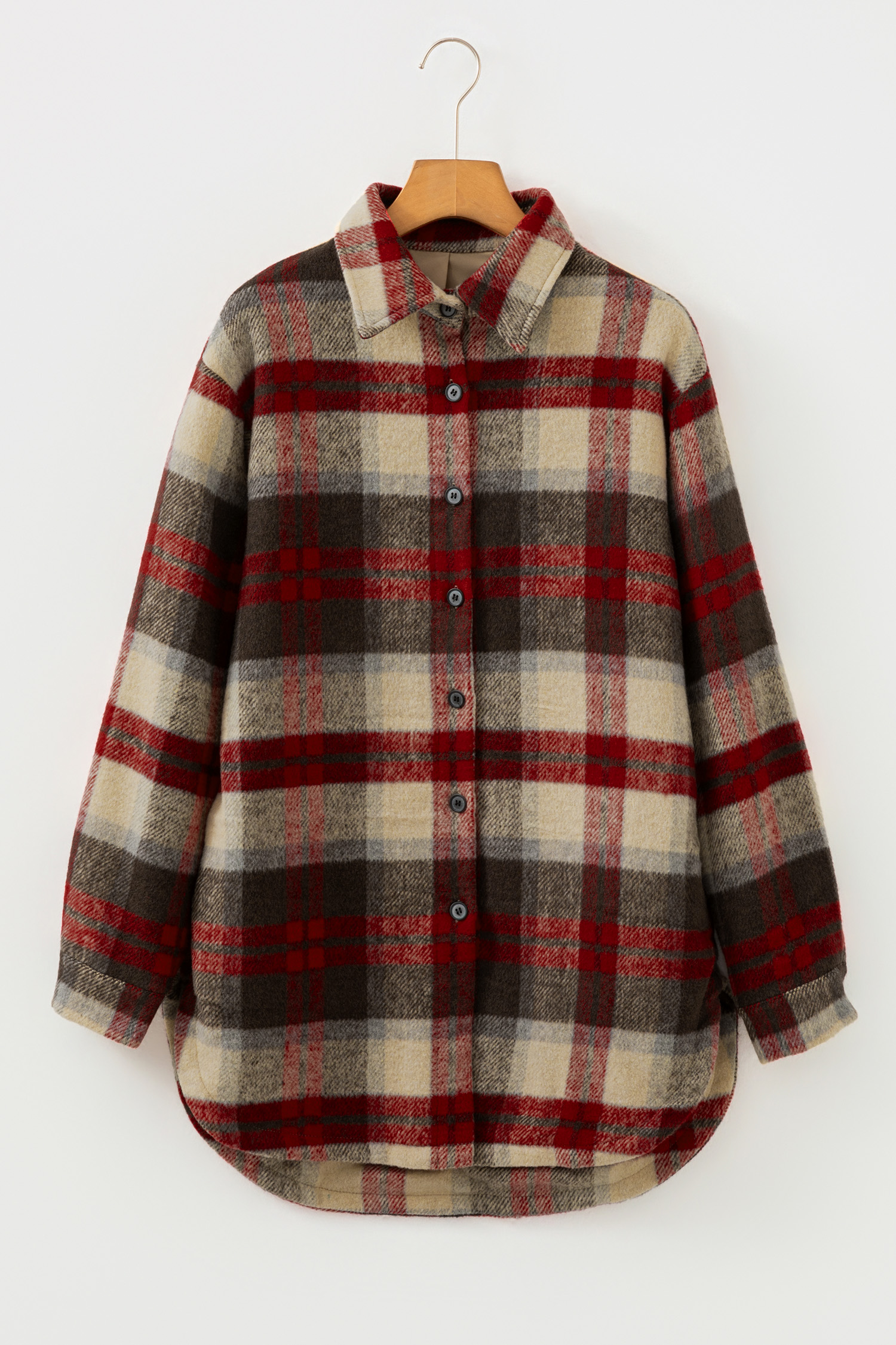 Red Brushed Plaid Buttoned Front Side Slit Tunic Shacket - loveforevers