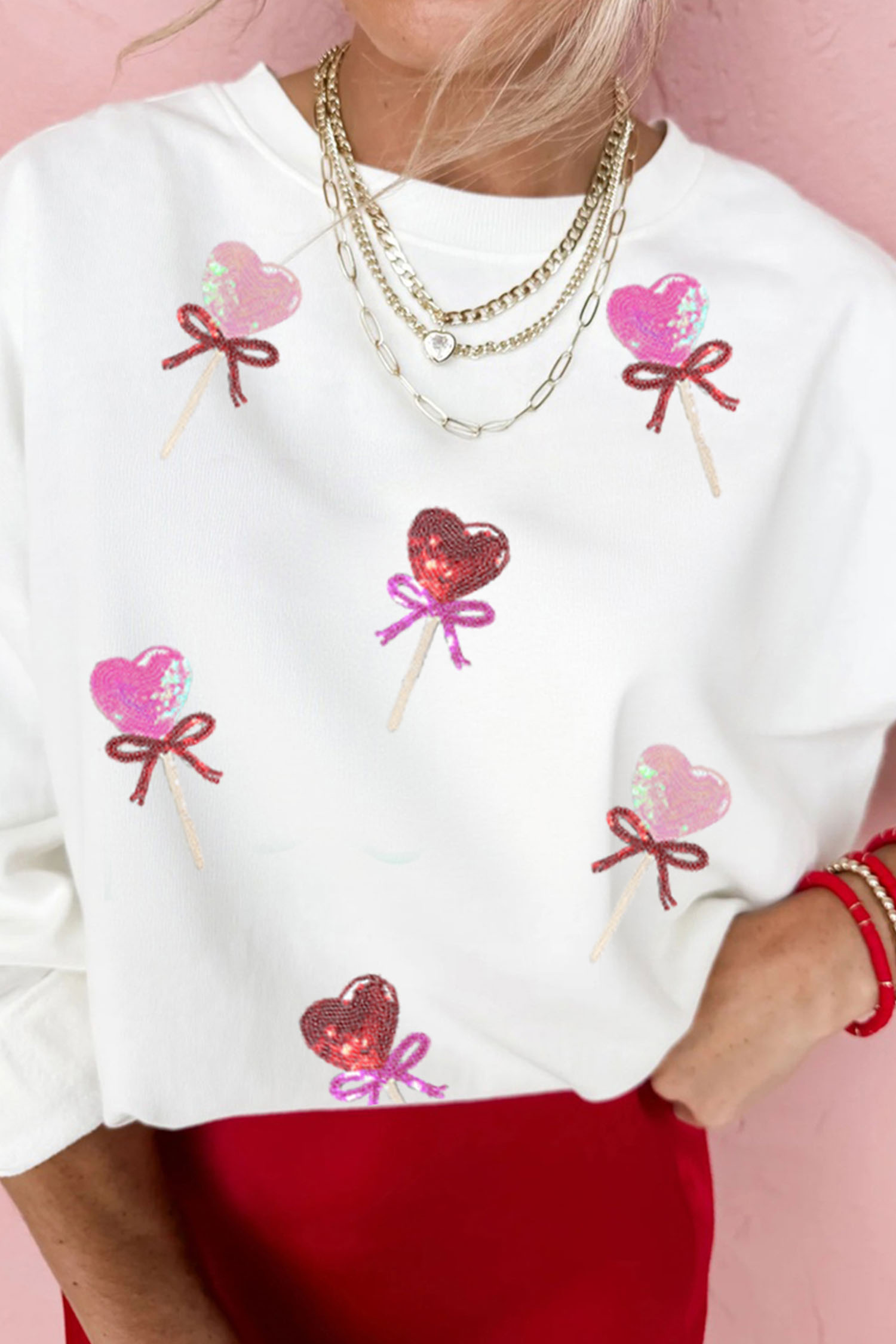 White Sequin Bow Heart Shape Lolly Valentines Day Graphic Sweatshirt - loveforevers