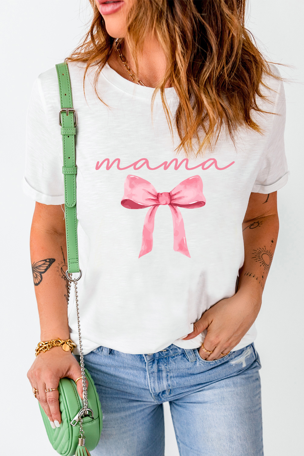 White MAMA Bowknot Graphic Crewneck Tee - loveforevers