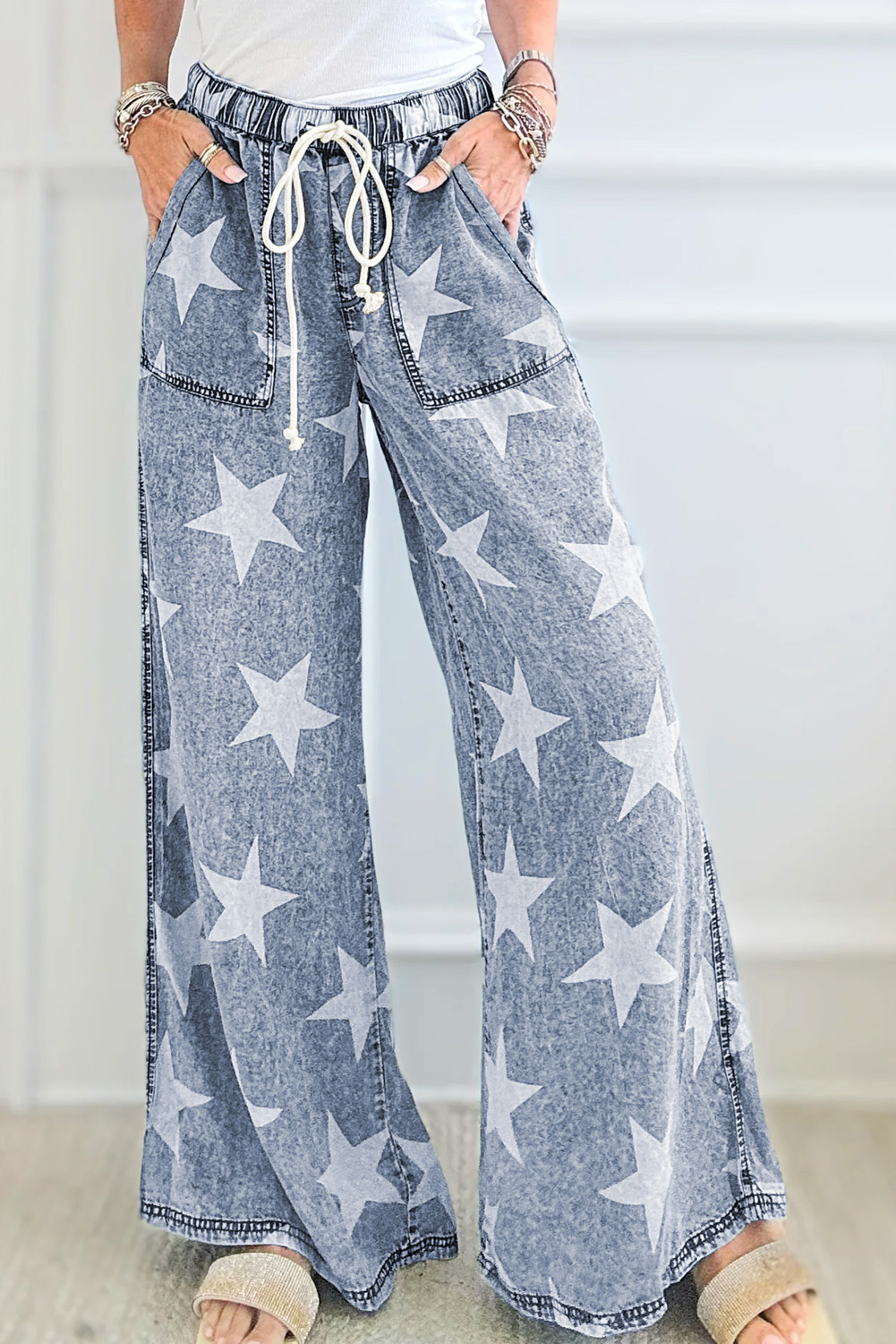 Light Blue Star Print Light Wash Drawstring Elastic Waistband Wide Leg Jeans - loveforevers