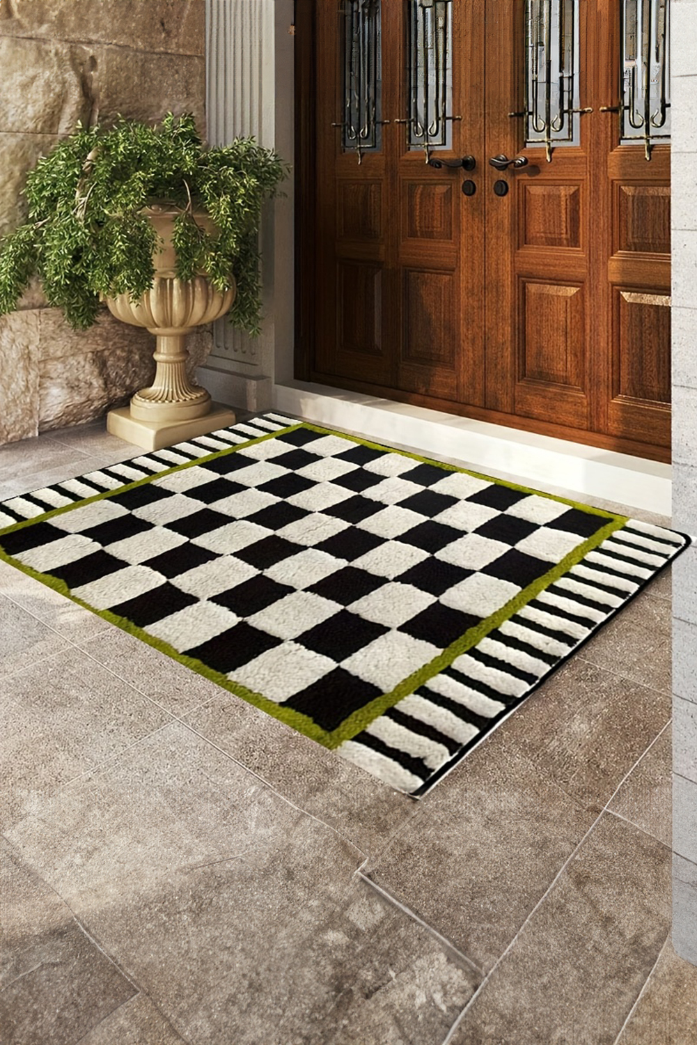 Spinach Green Square Trim Plush Checkered Striped Bath Rug - loveforevers