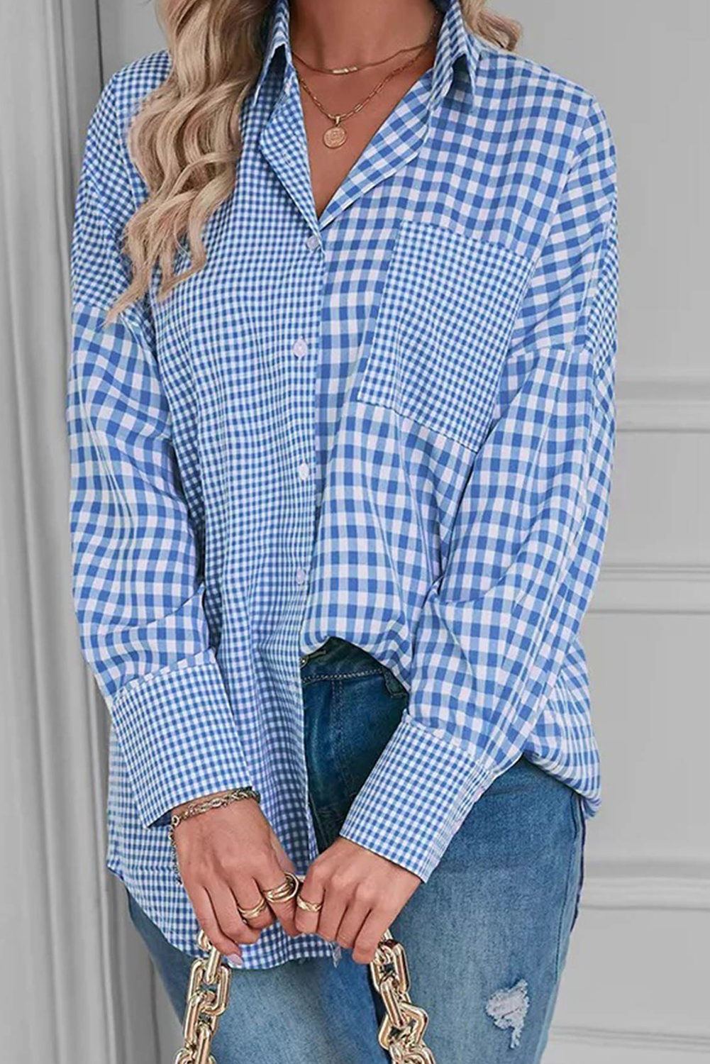 Sky Blue Stripe Plaid Patchwork Button up Long Sleeve Shirt - loveforevers