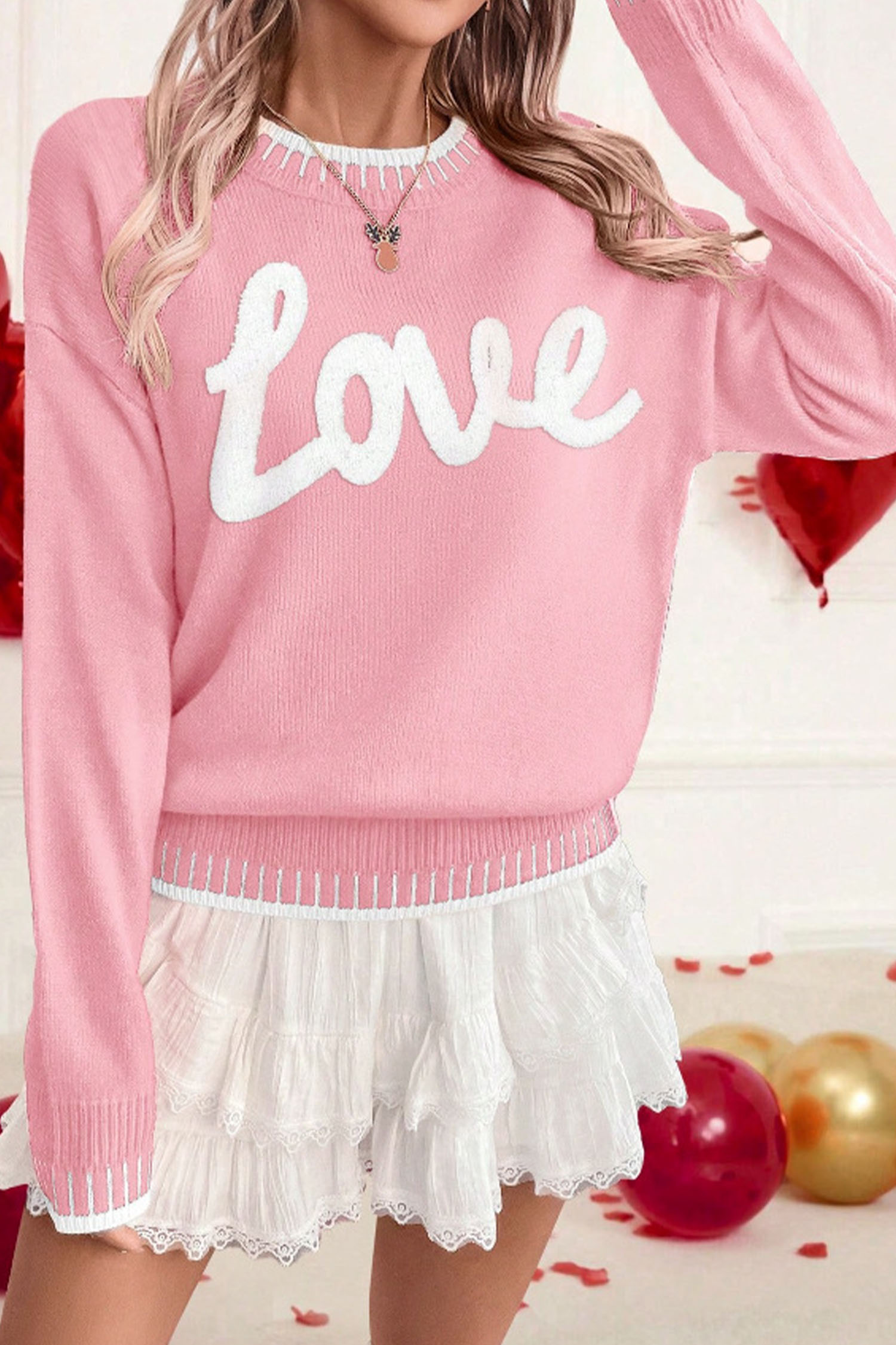 Light Blue Valentine Love Chenille Letter Graphic Sweater - loveforevers