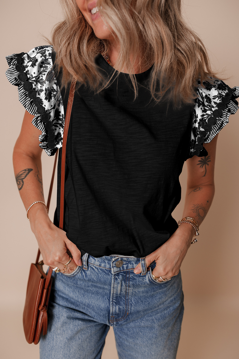 Black Ricrac Trim Printed Flutter Sleeve Contrast Patchwork Blouse - loveforevers