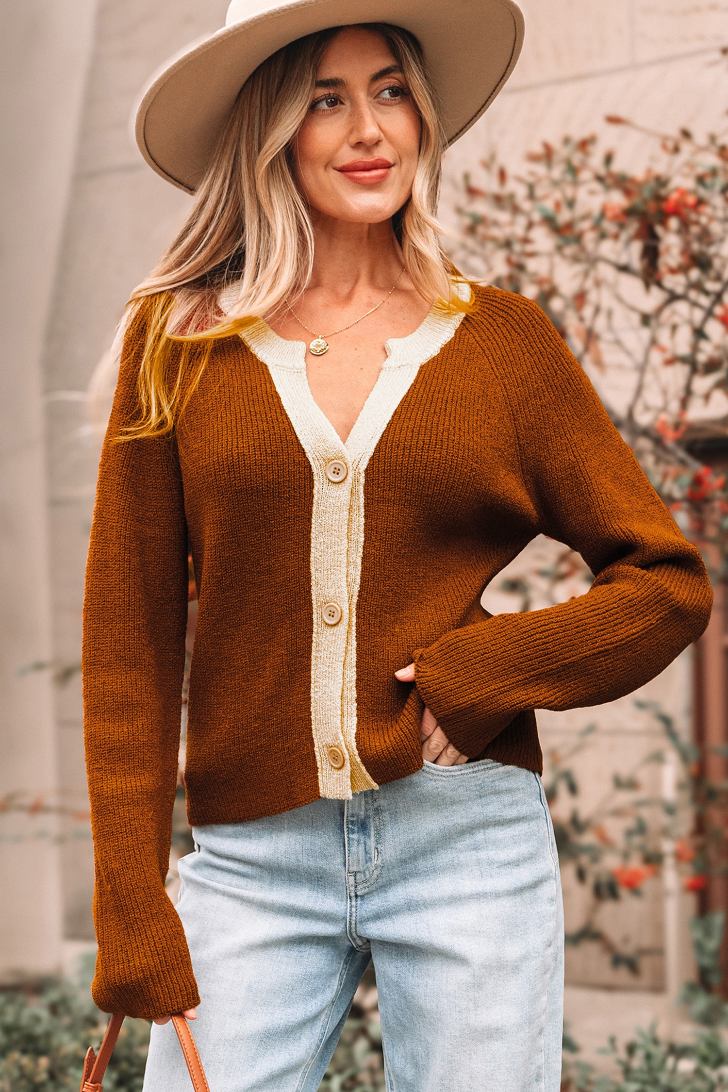 Chestnut Contrast Knit V Neckline Short Cardigan - loveforevers