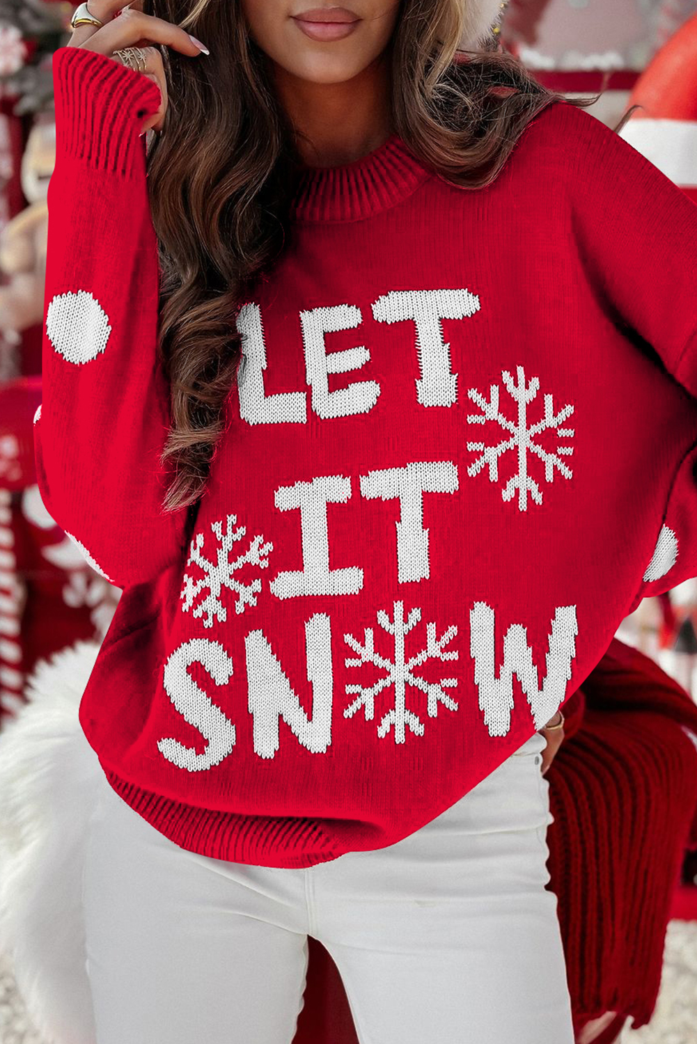 Red Dahlia LET IT SNOW Graphic Christmas Holiday Loose Sweater - loveforevers