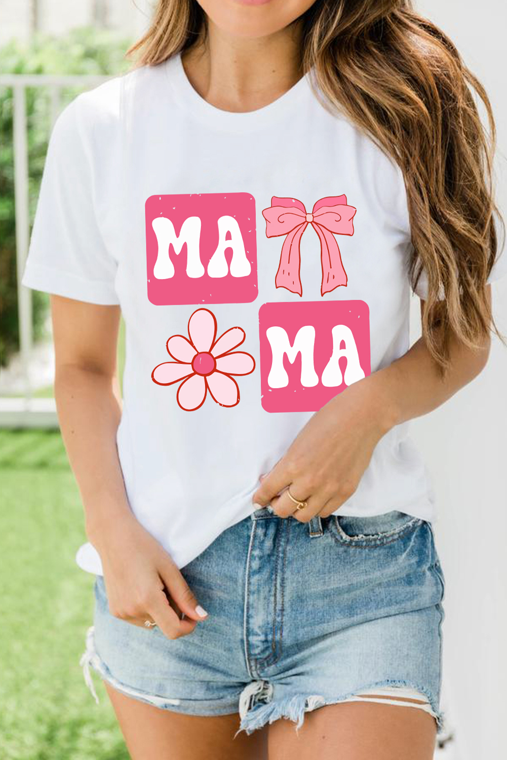 White MAMA Bow Flower Print Crewneck T Shirt - loveforevers