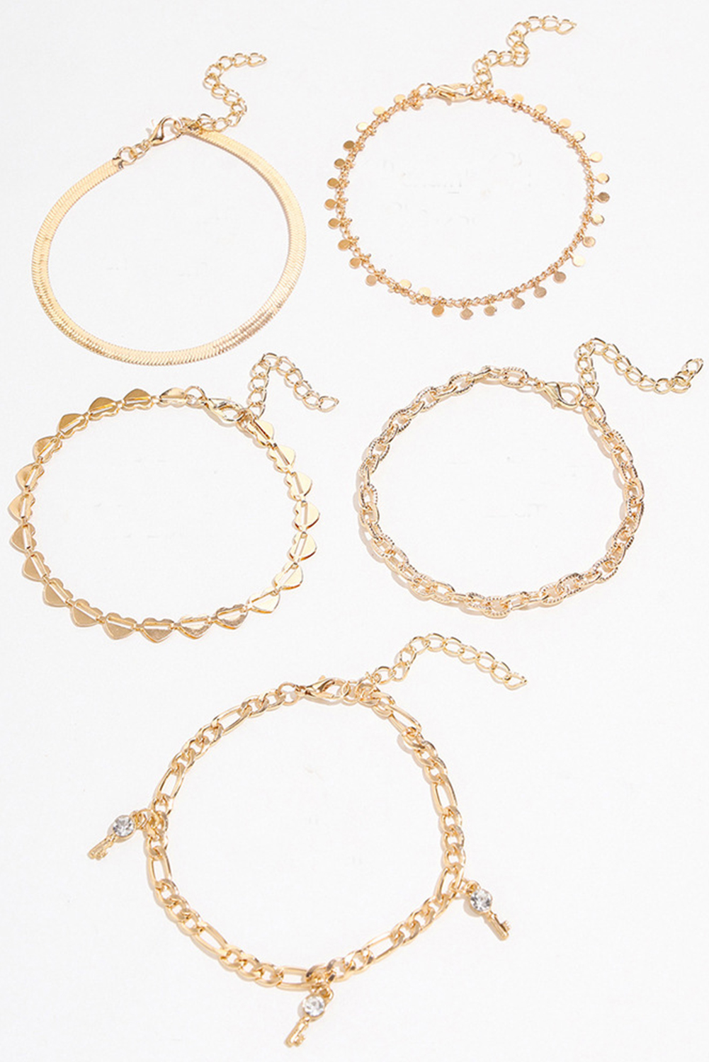 Gold Sweet Heart Rhinestone Dangle 5-piece Anklets - loveforevers
