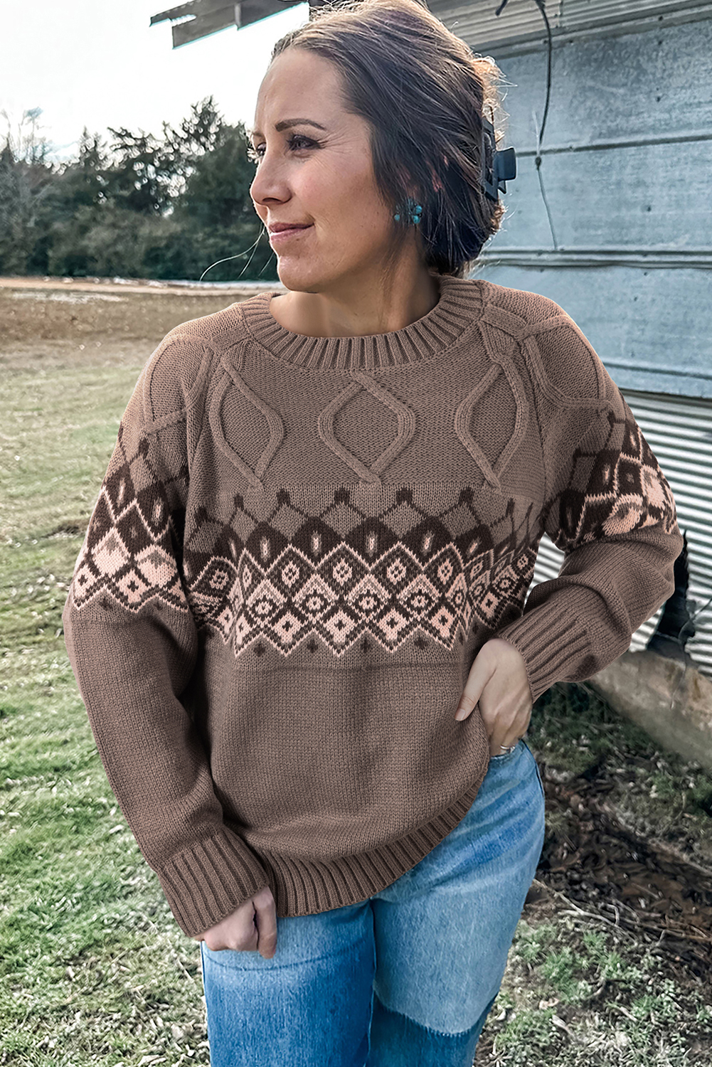 Light French Beige Western Geometric Patterned Crew Neck Knitted Sweater - loveforevers