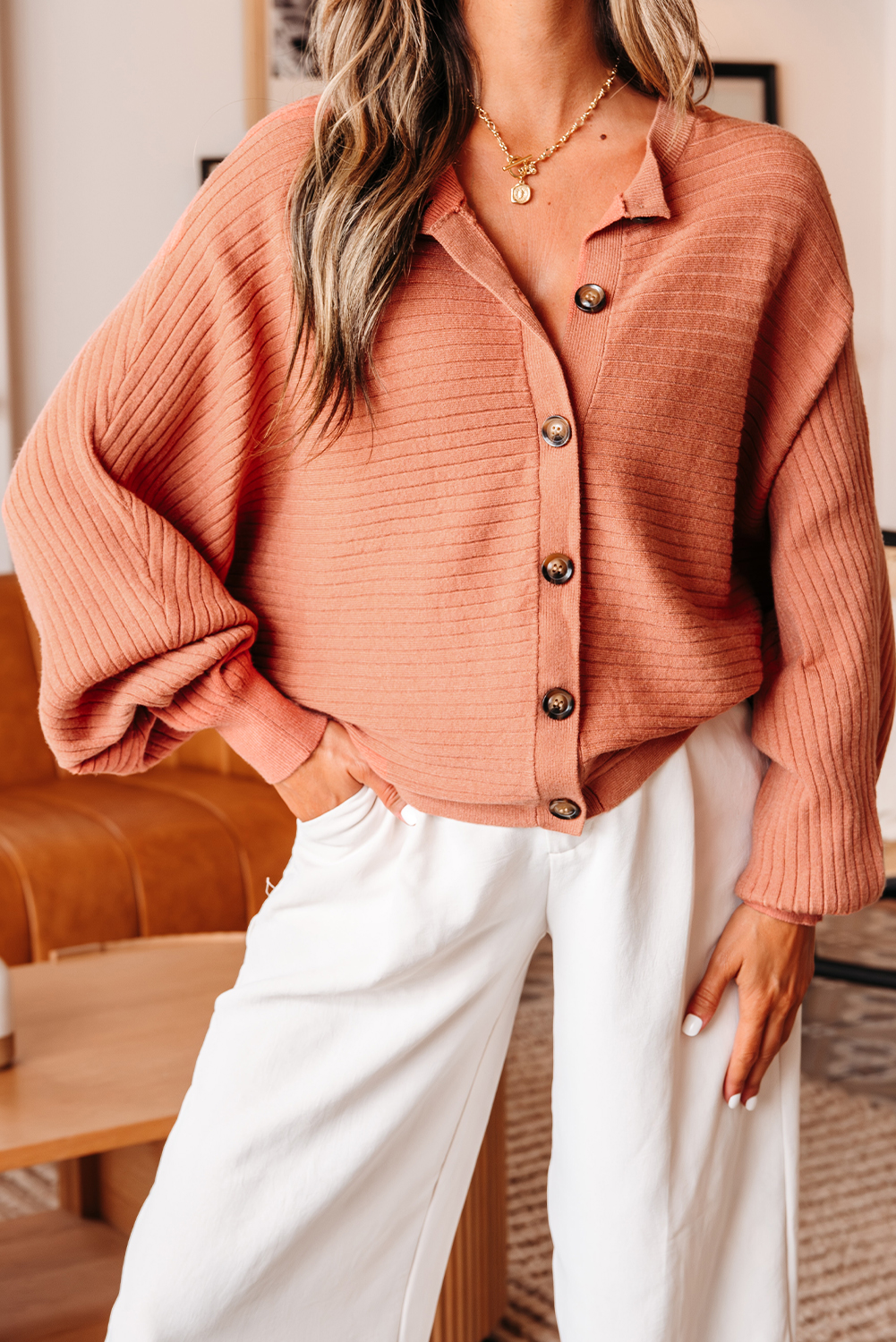 Apricot Pink Wide Rib Knit Button Front Dolman Sleeve Sweater Cardigan - loveforevers