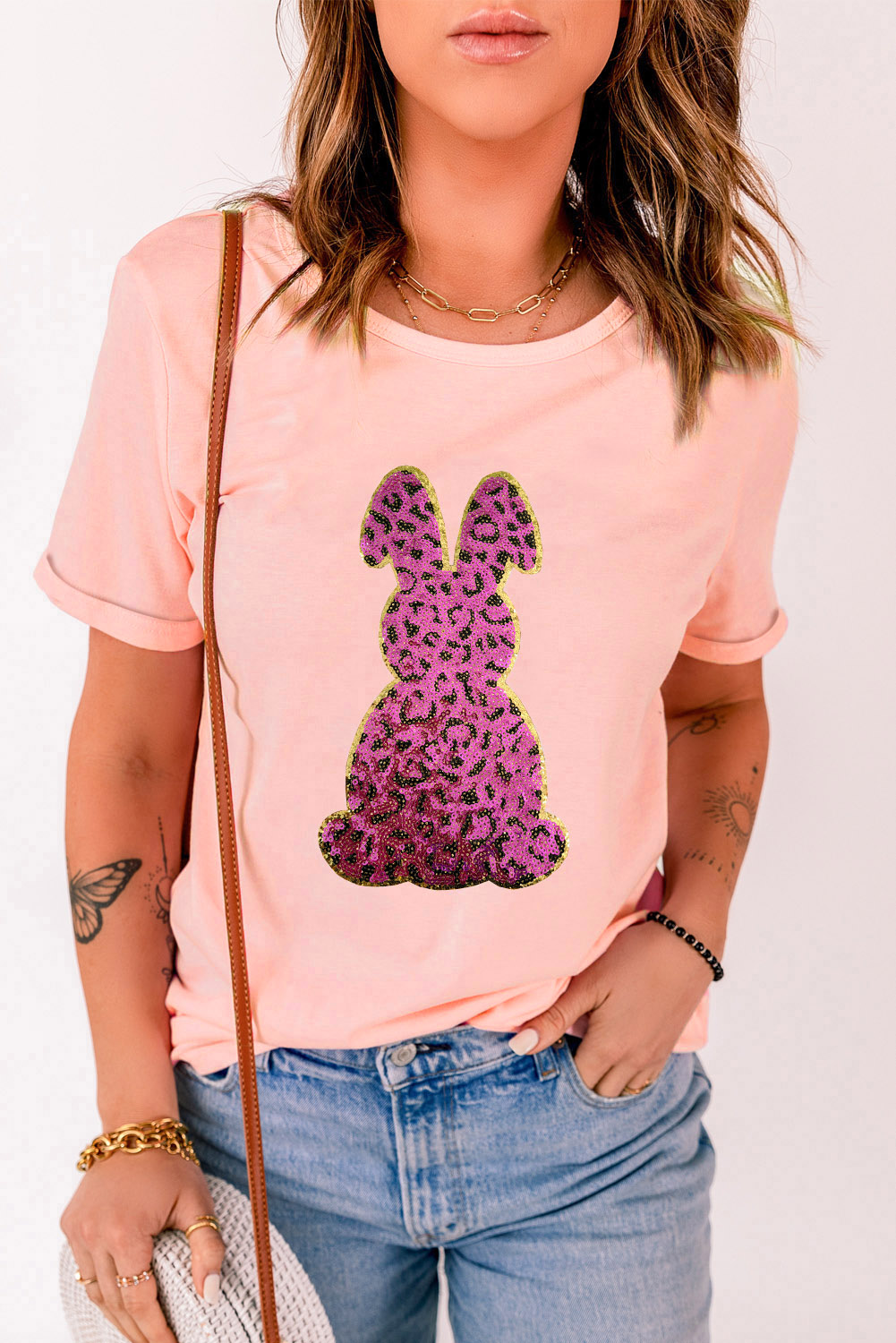 White Rabbit Bow Knot Print Crew Neck T Shirt - loveforevers