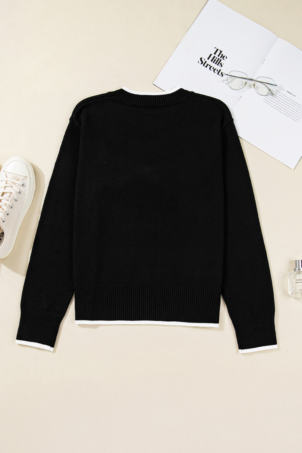 Black Contrast Trim Big Bow Accent Holiday Cropped Sweater - loveforevers