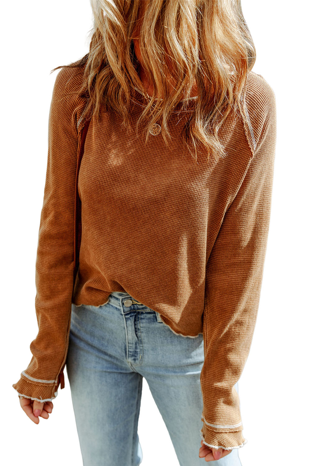 Smoke Gray Textured Round Neck Long Sleeve Top - loveforevers