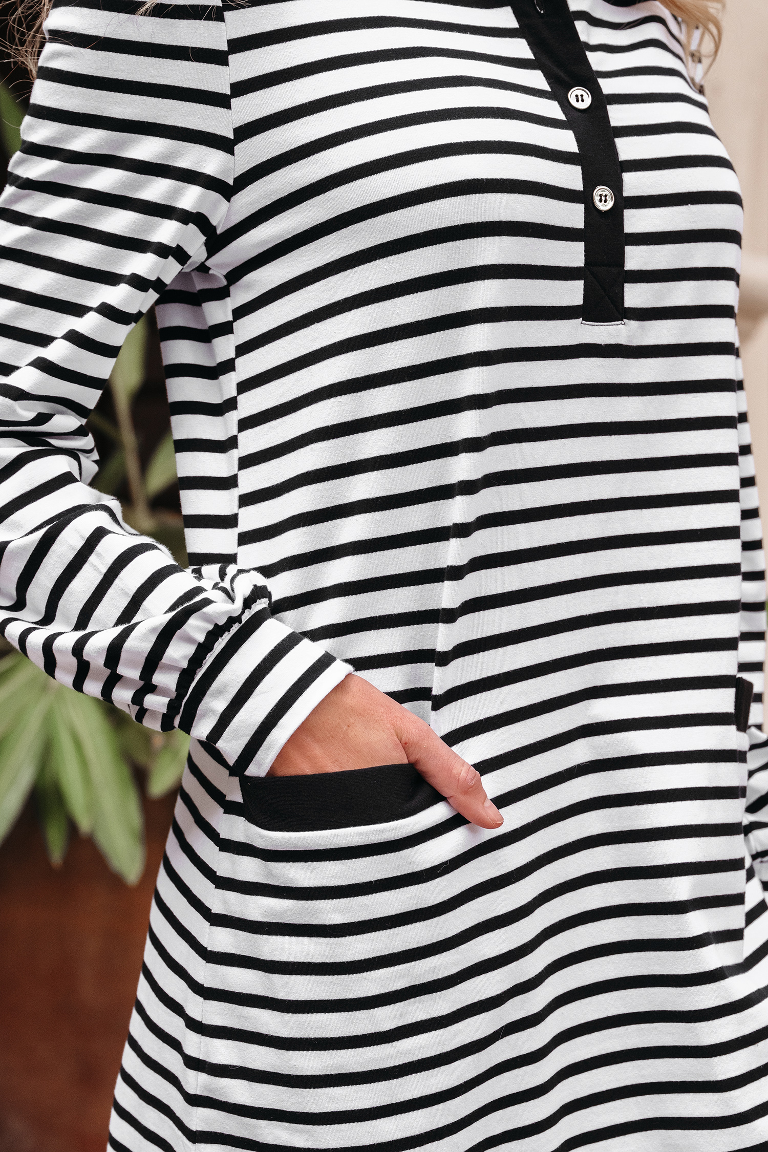 White Stripe Buttoned Front Collared Long Sleeve T Shirt Dress with Pockets - loveforevers