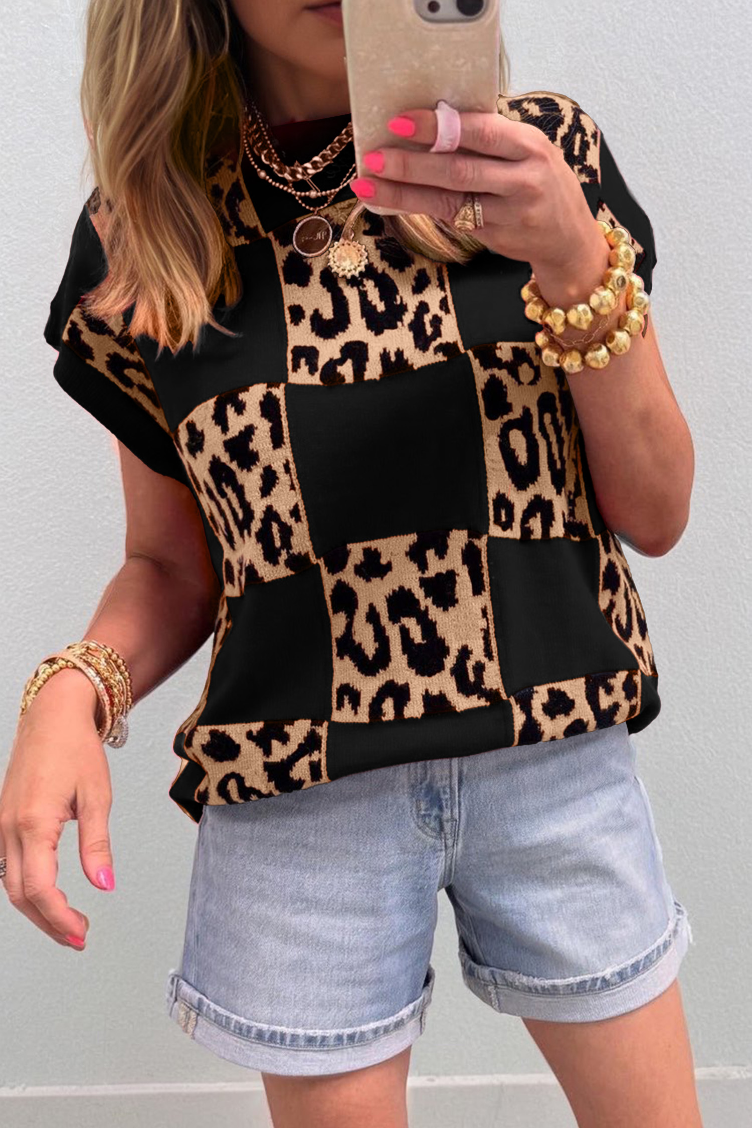 Black Leopard Checkerboard Short Sleeve Knit Sweater - loveforevers