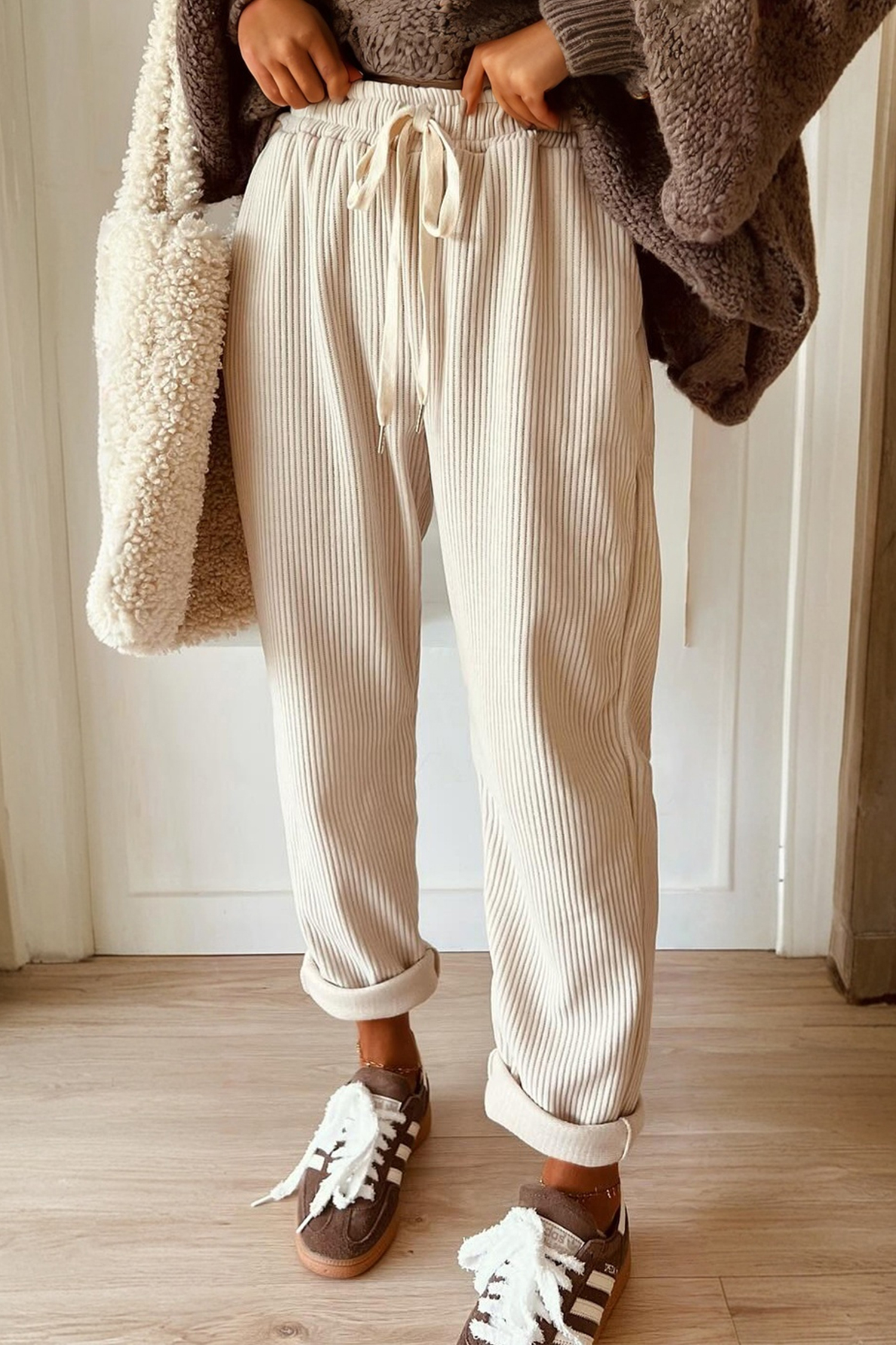 Jet Stream Drawstring Elastic Waist Casual Corduroy Pants - loveforevers