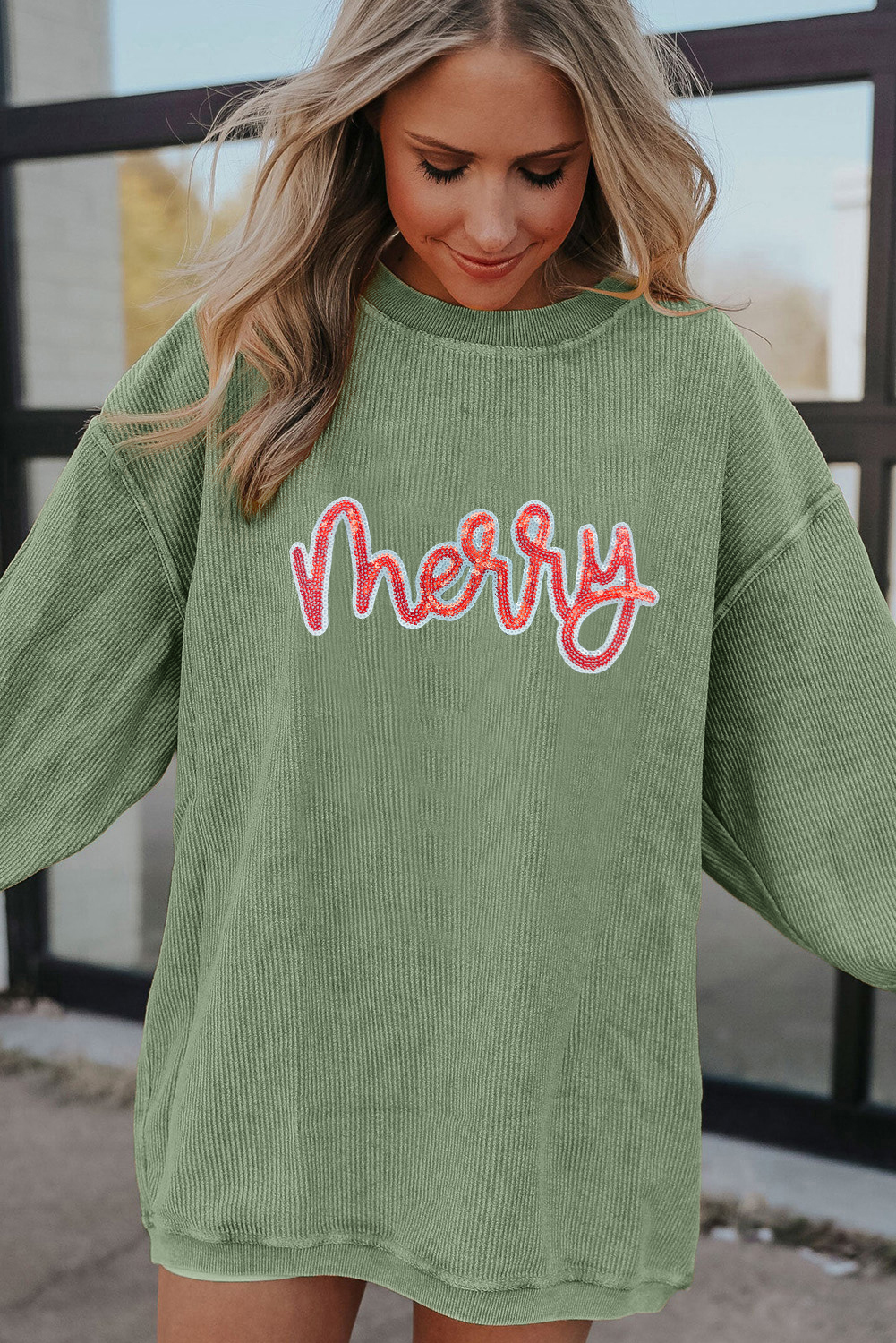 Grass Green Sequined merry Letter Graphic Twisted Ribbed Baggy Sweatshirt - loveforevers