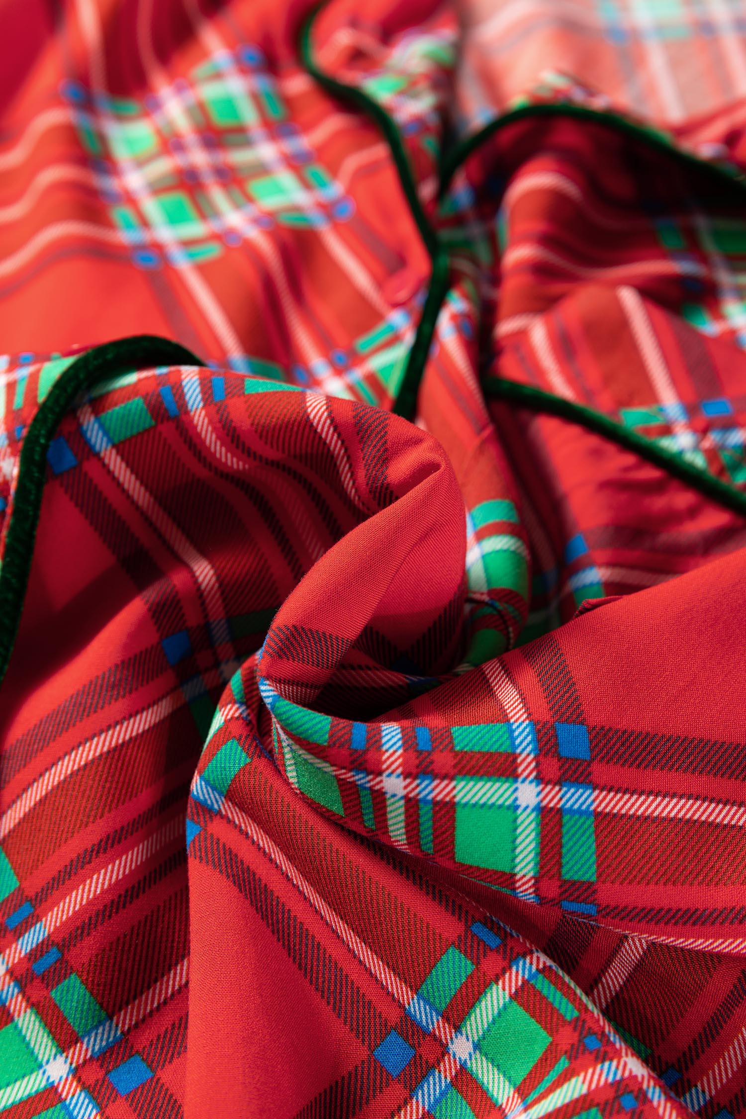 Fiery Red Christmas Plaid Satin Pajama Set with Contrast Velvet Ties - loveforevers