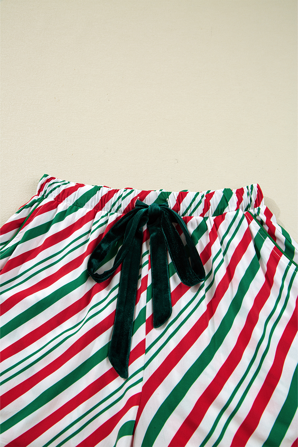 Green Stripe Contrast Velvet Ribbon Knot Christmas 2pcs Pajama Set - loveforevers