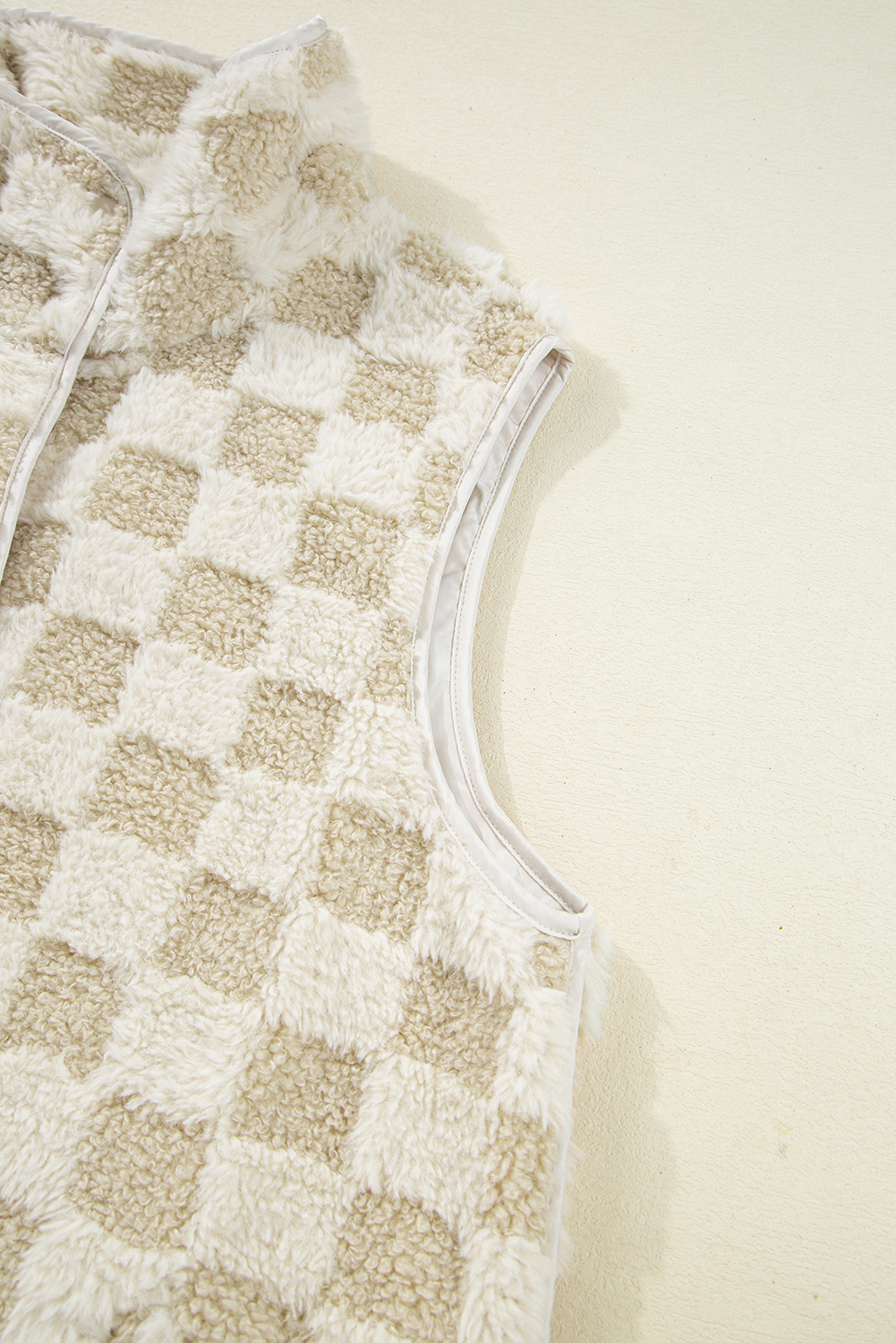 Khaki Sherpa Checkerboard Snap Button Vest Jacket With Pocket - loveforevers