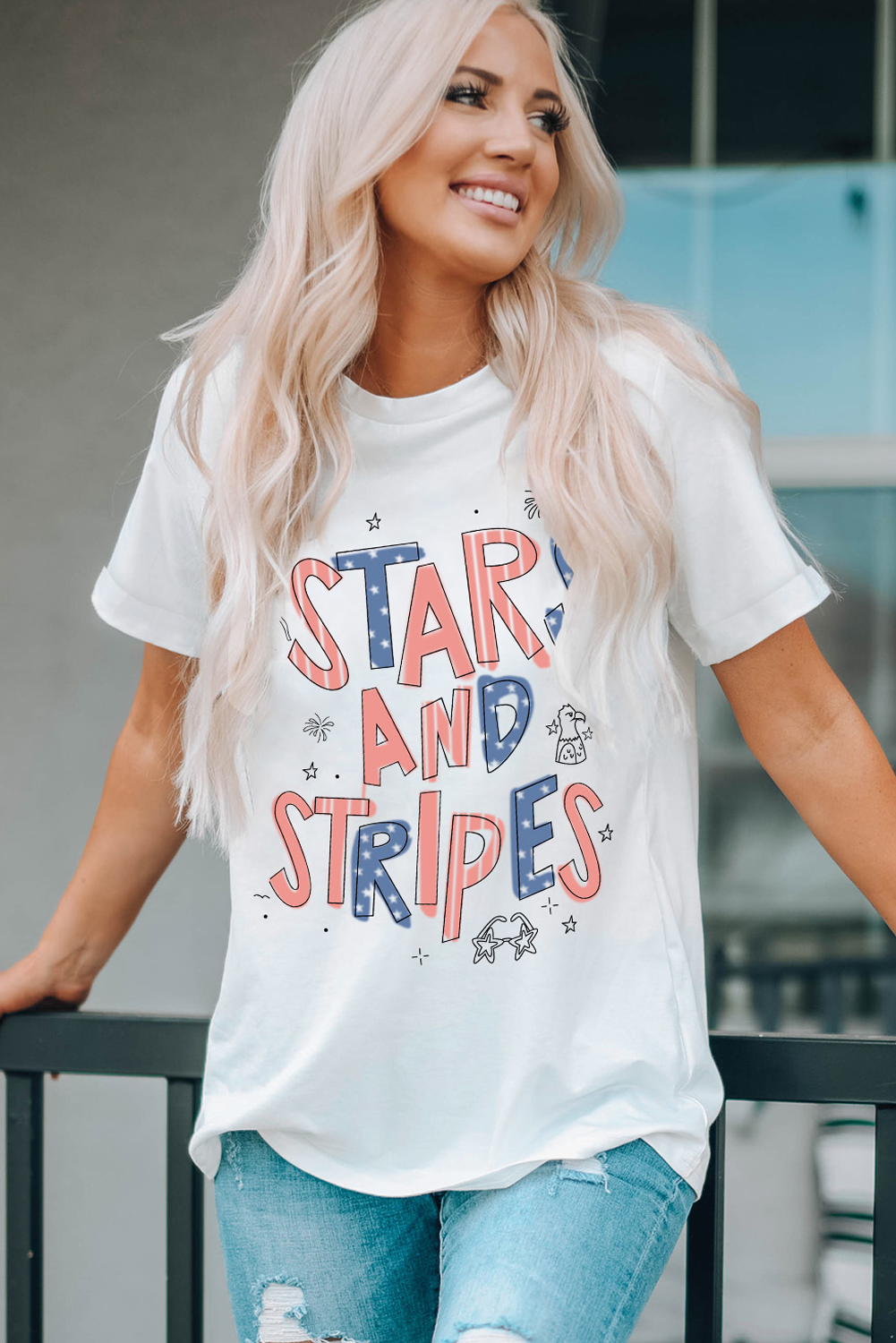 White STARS AND STRIPES Crew Neck Graphic Tee - loveforevers