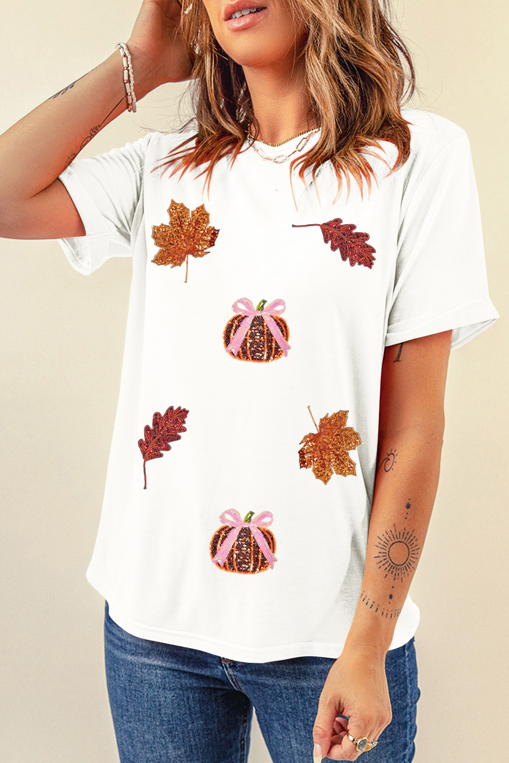 White Sequined Pumpkin Leaves Fall Vibe Graphic T Shirt - loveforevers