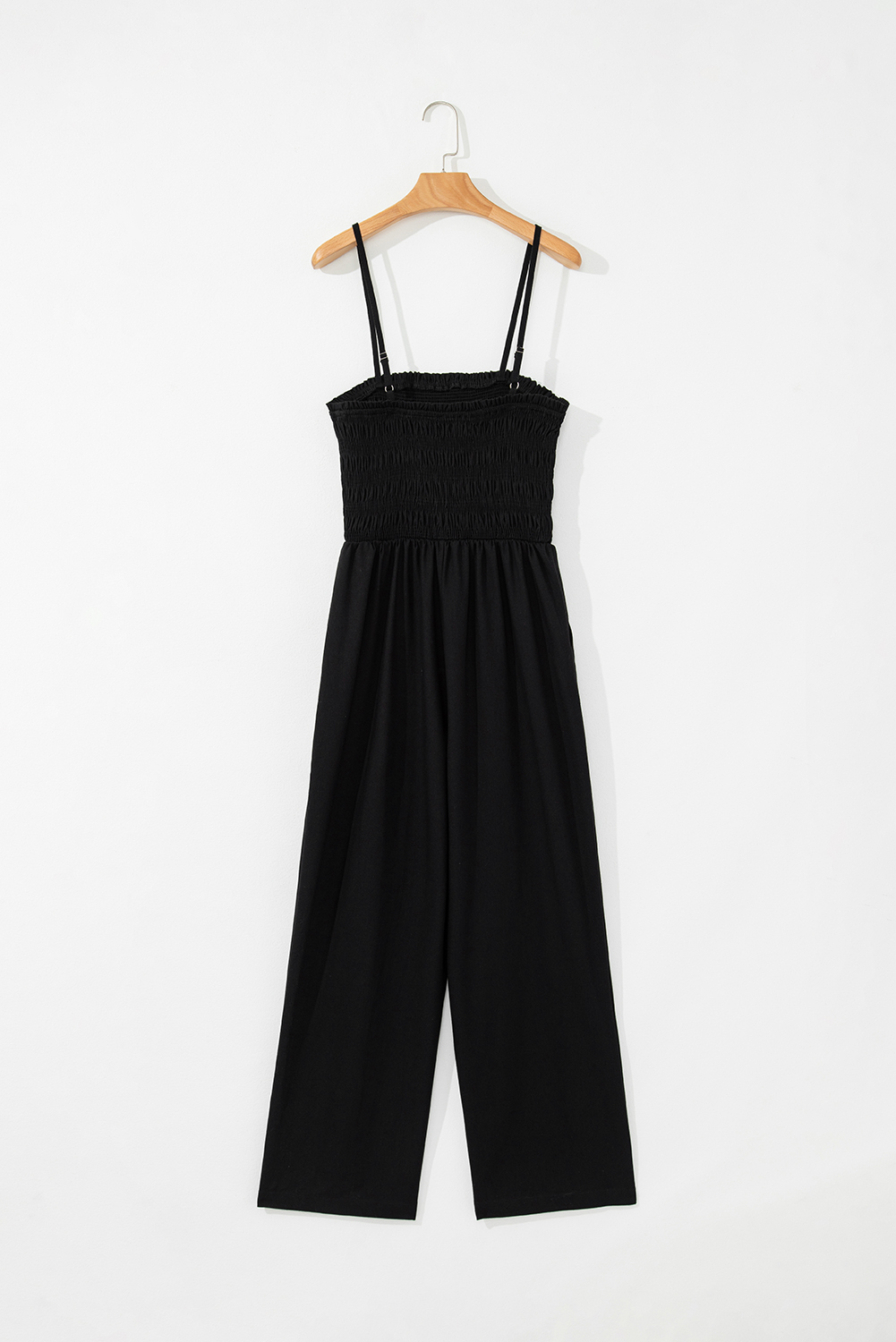 Black Spaghetti Straps Shirred Bodice Pocketed Wide Leg Jumpsuit - loveforevers
