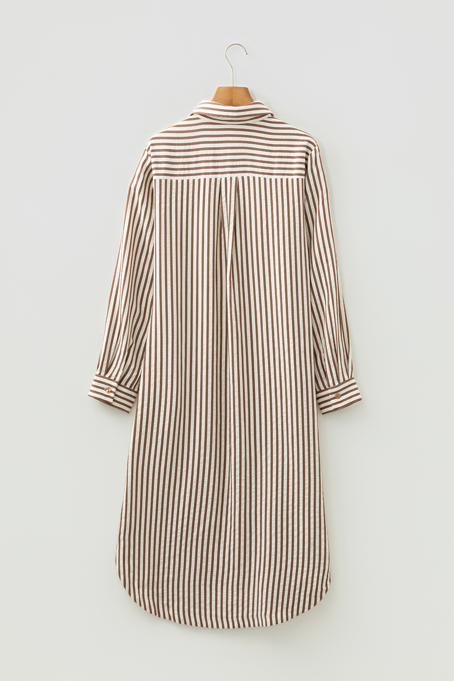Brown Stripe Textured 3/4 Sleeve Round Hem Split Midi Shirt Dress - loveforevers
