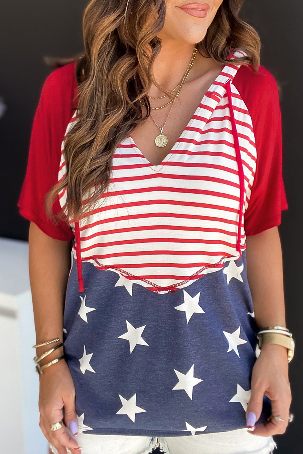 Fiery Red Stars and Stripes Print Drawstring Hooded T Shirt - loveforevers