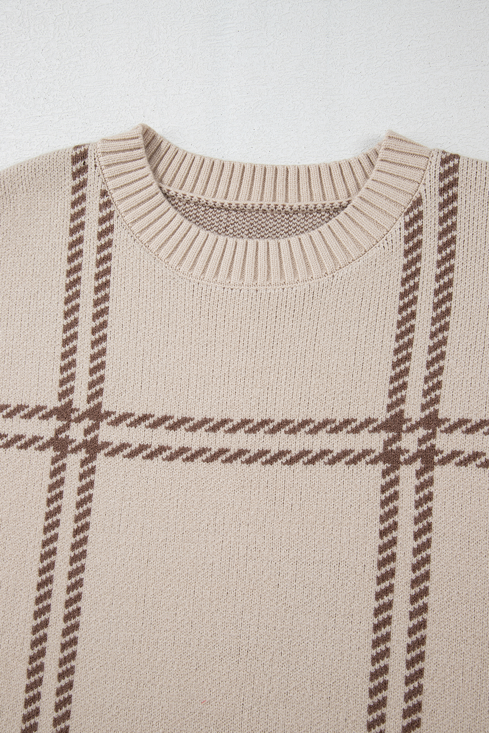Khaki Plaid Pattern Knitted Drop Shoulder Sweater - loveforevers