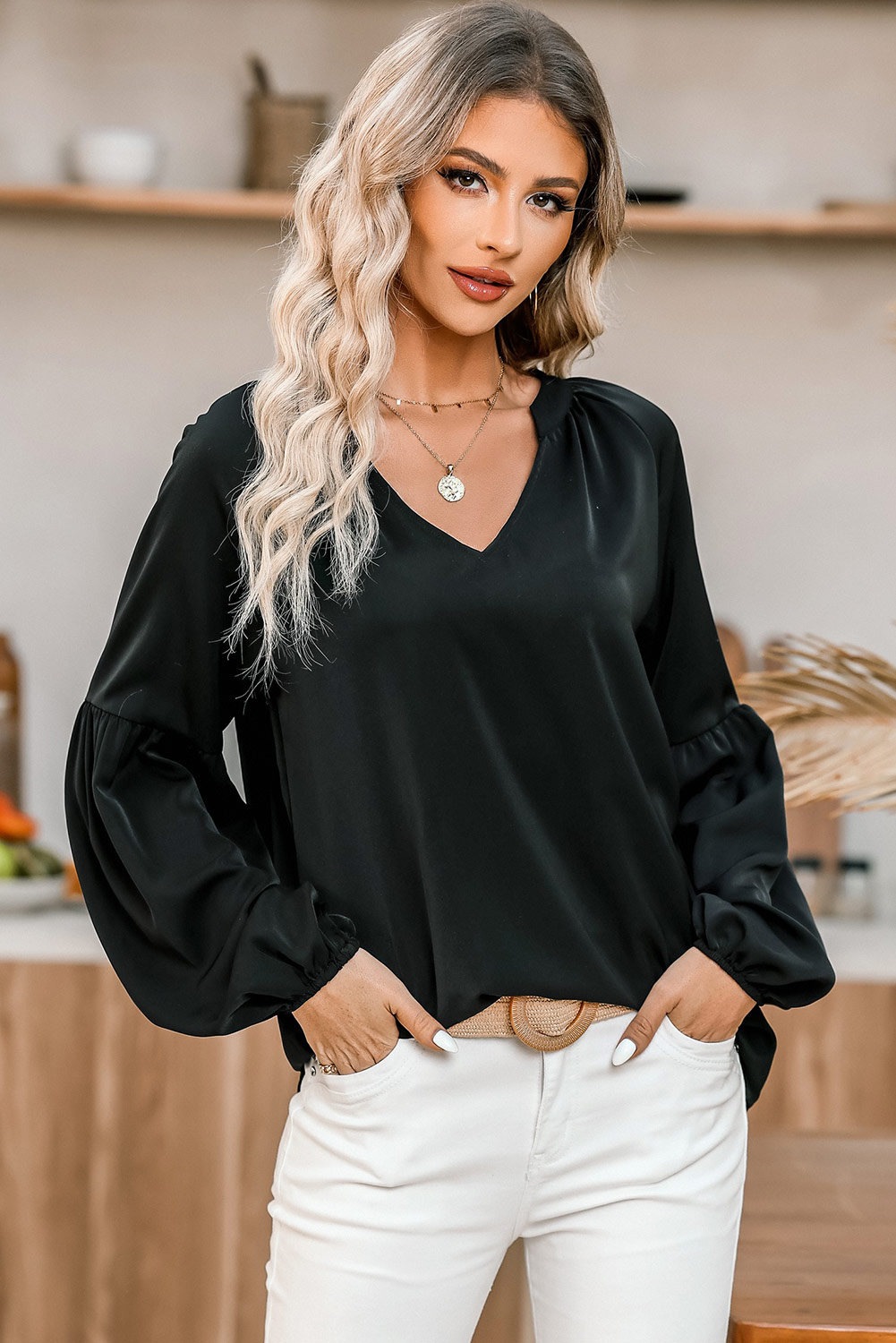 Black V Neck Long Puff Sleeve Top - loveforevers