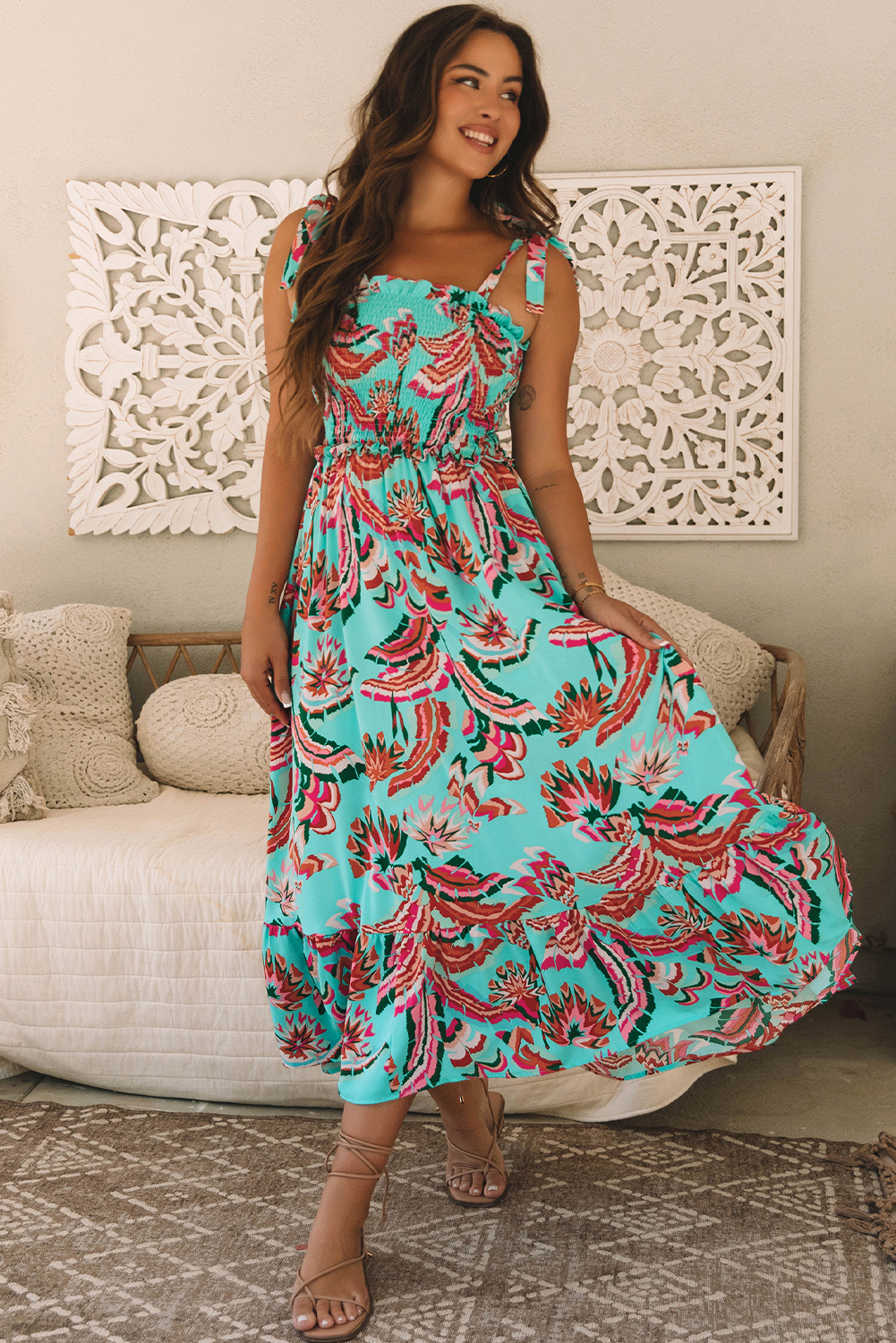 Green Abstract Print Smocked Bodice Knotted Straps Ruffled Maxi Dress - loveforevers