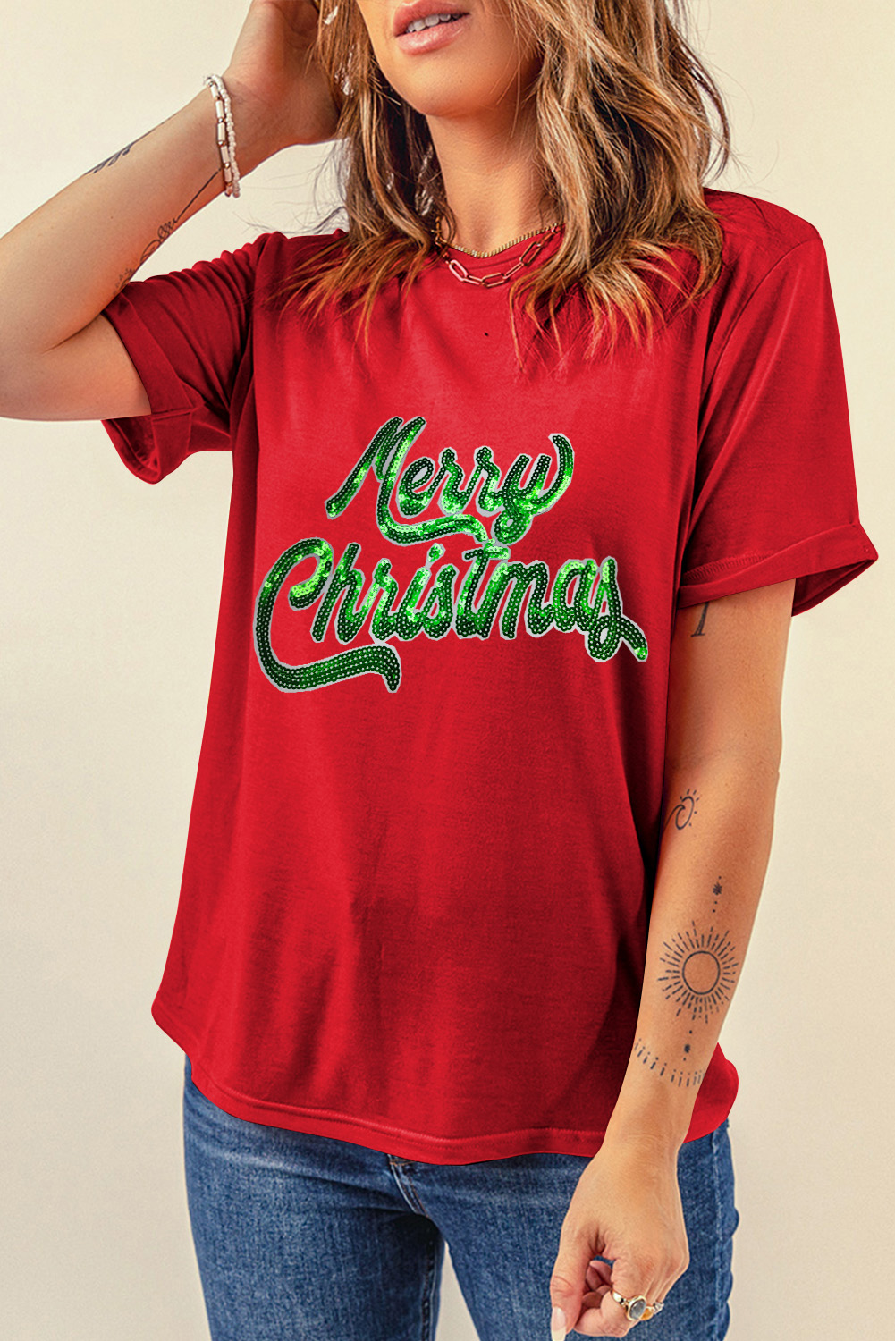Red Merry Christmas Graphic Crewneck T Shirt - loveforevers