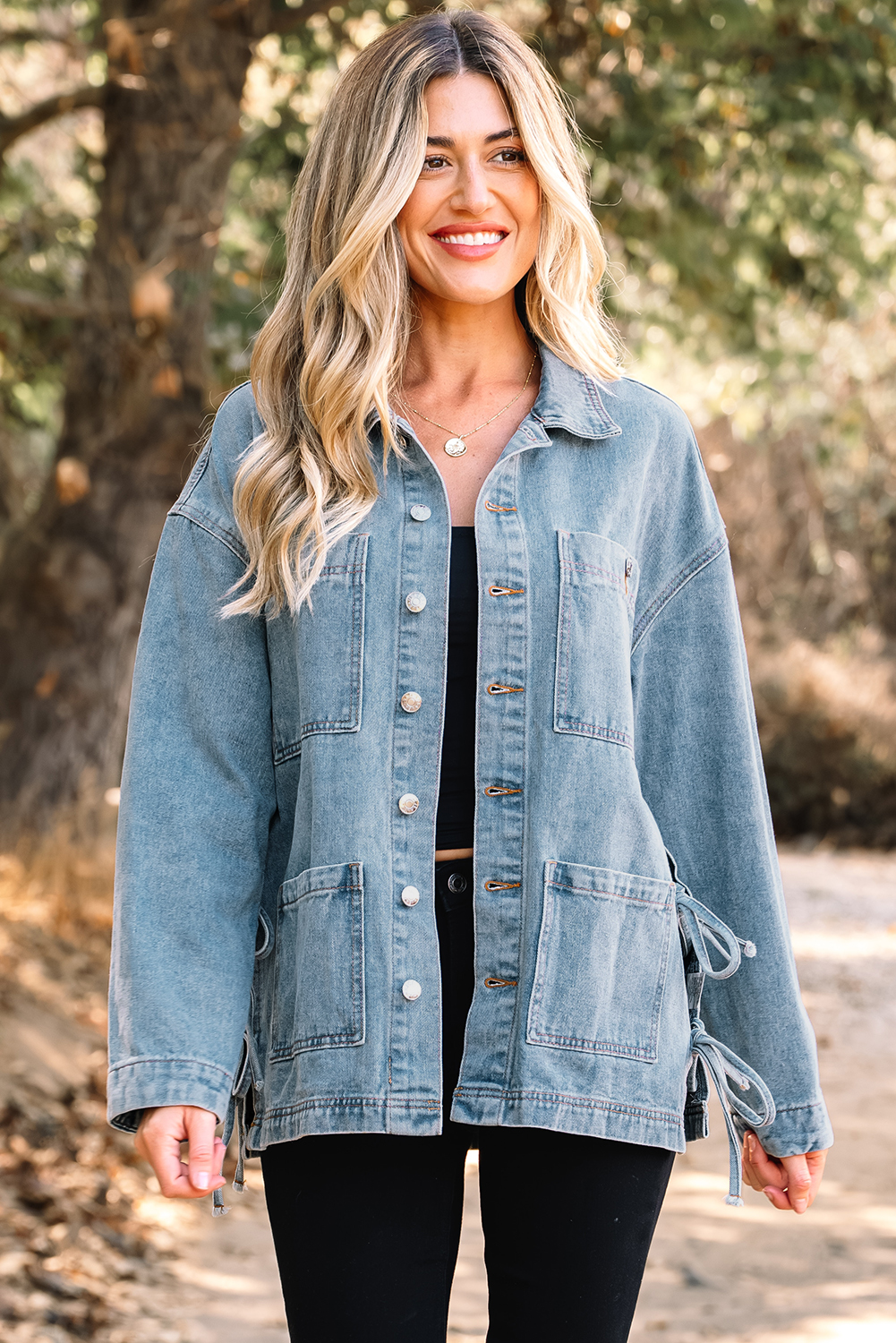 Beau Blue Multi Patched Pockets Side Tie up Boyfriend Style Denim Jacket - loveforevers