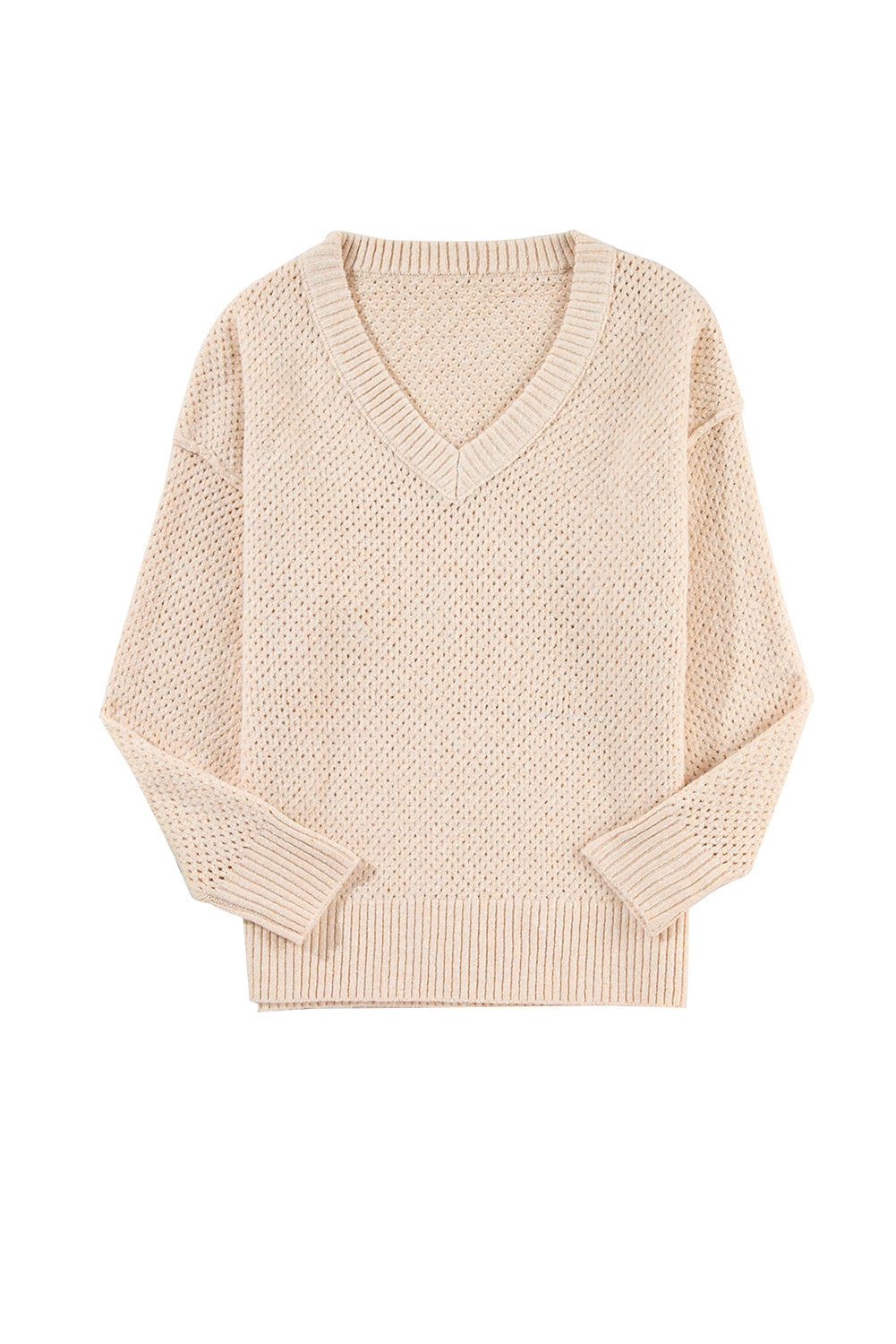 Parchment Loose Eyelet V Neck Drop Shoulder Sweater - loveforevers