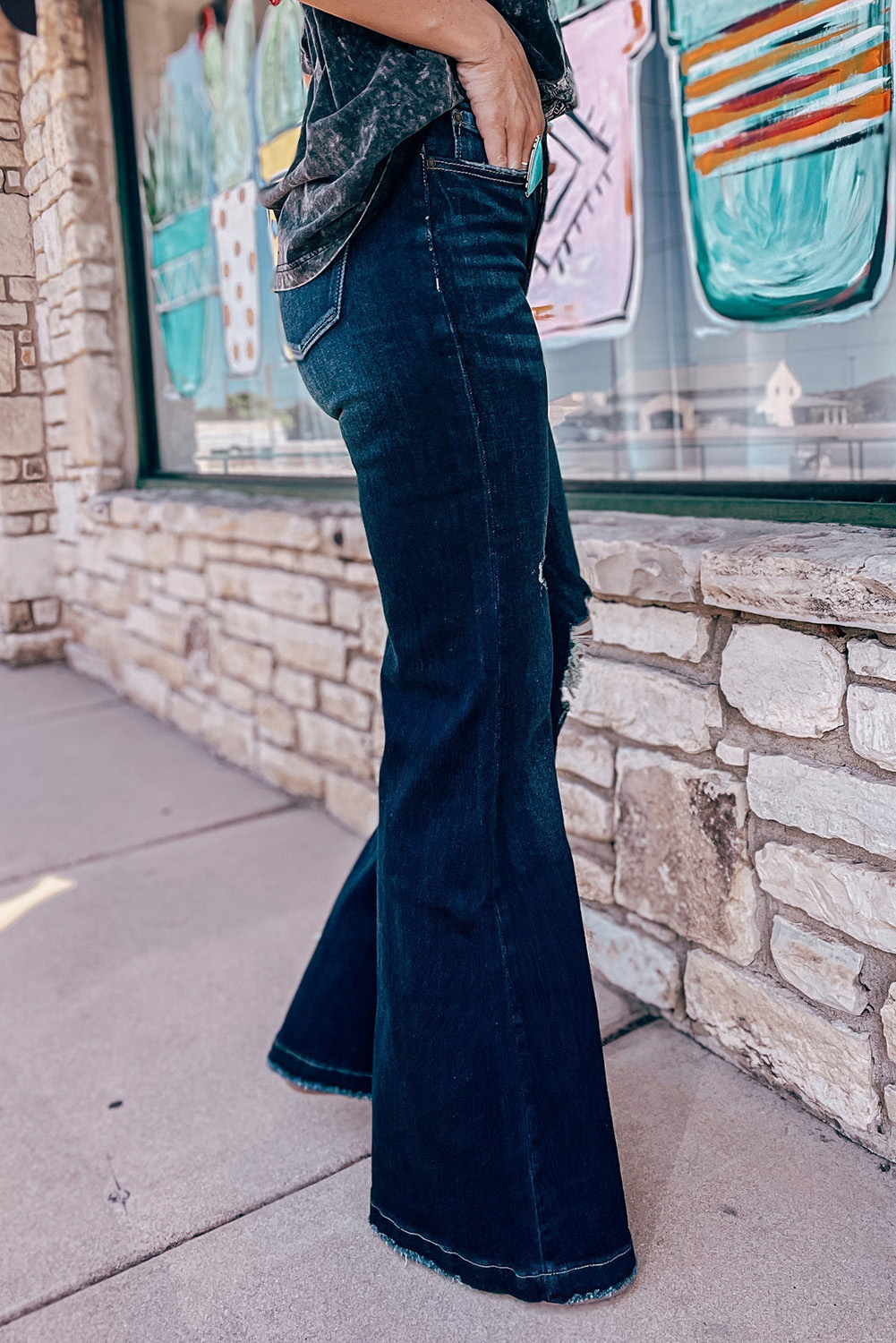 Real Teal High Rise Ripped Bell Bottom Jeans - loveforevers