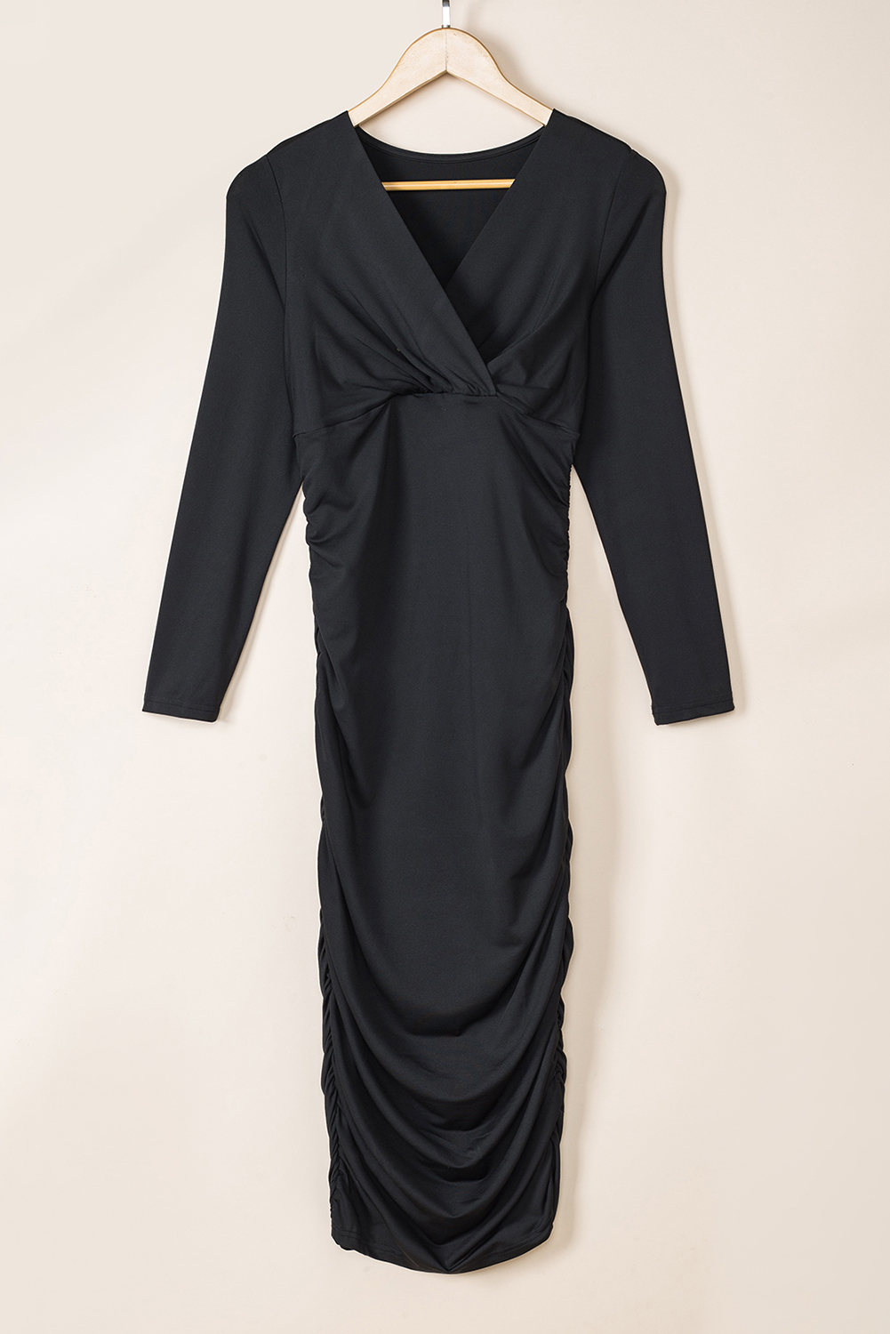 Black Long Sleeves Wrap V Neck Ruched Sheath Midi Dress - loveforevers