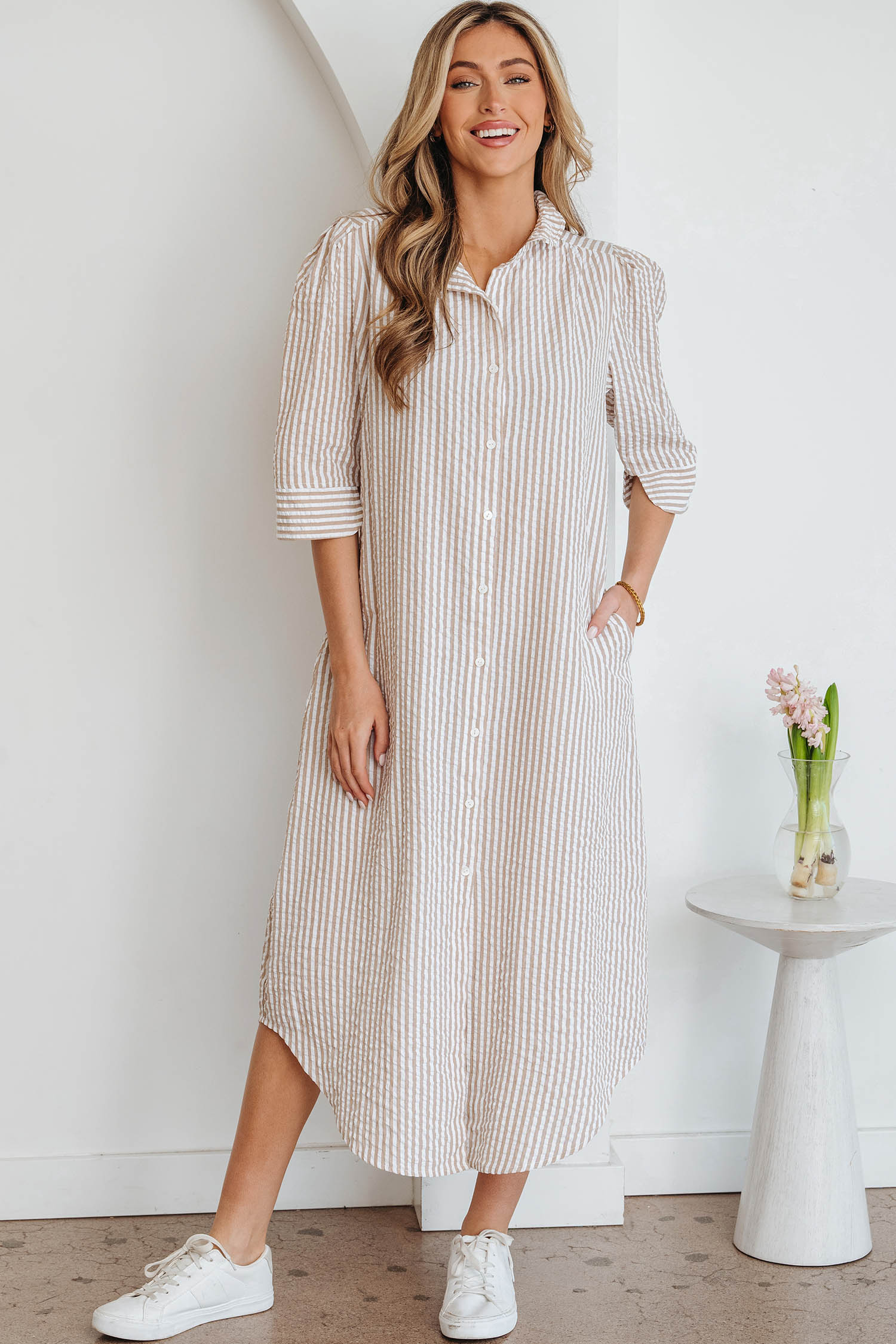Khaki Stripe Frilled Collar Half Sleeve Shirt Maxi Dress - loveforevers