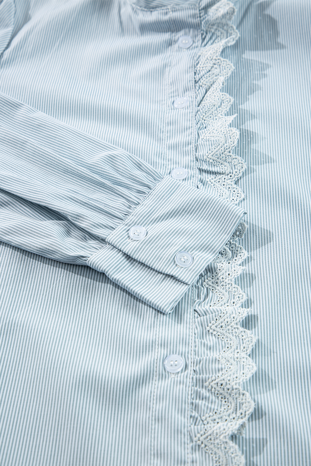 Sky Blue Stripe Frilled Trim Button Up Long Sleeve Shirt - loveforevers