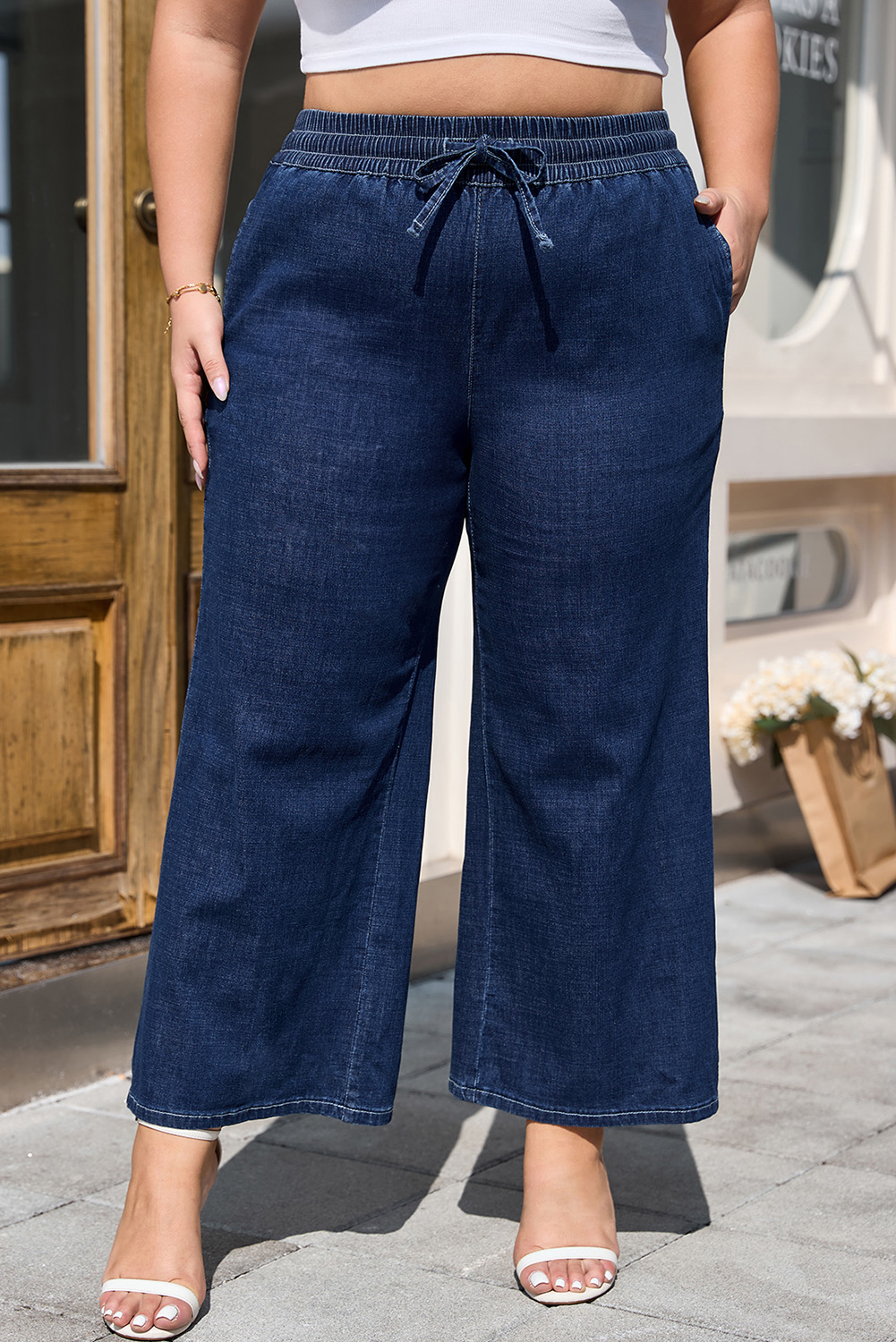 Real Teal Plus Size Drawstring High Waist Wide Leg Casual Jeans - loveforevers